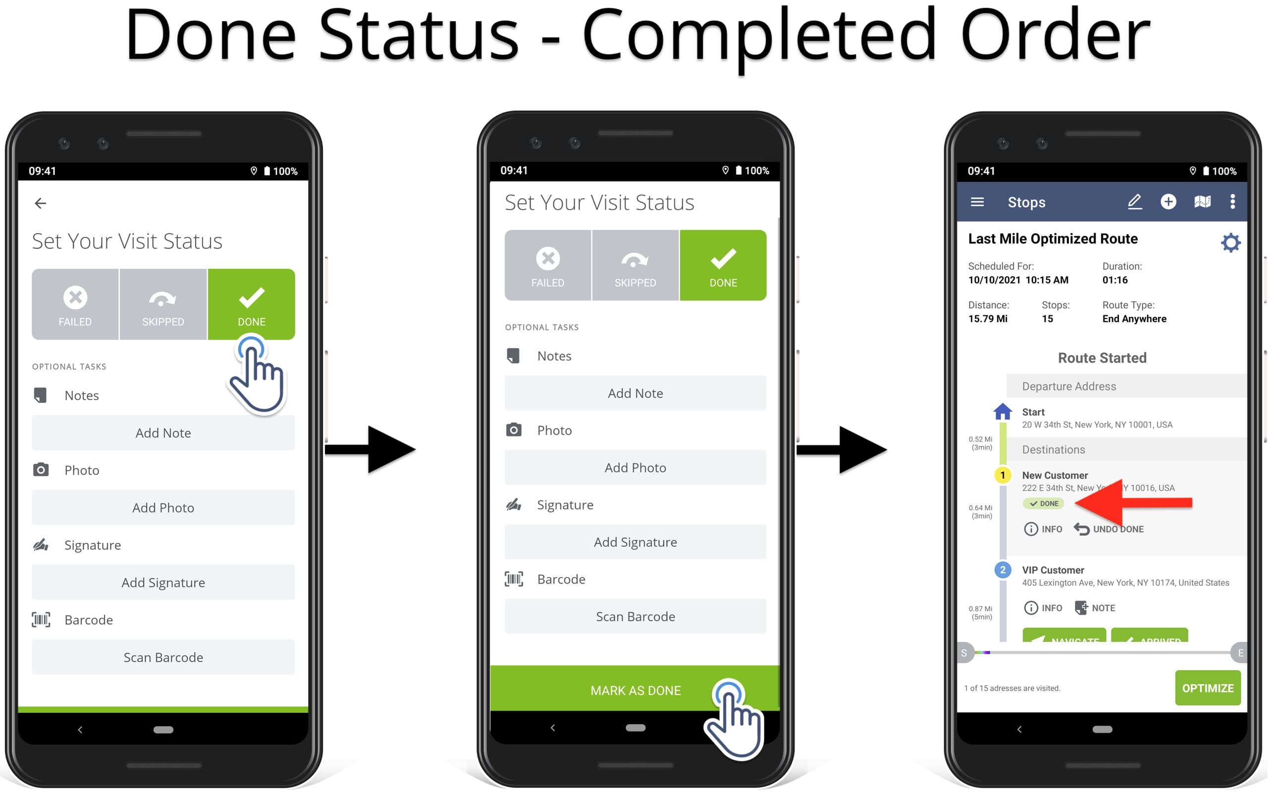 Set Done route stop status for completed orders and visits on the Android Route Planner app.
