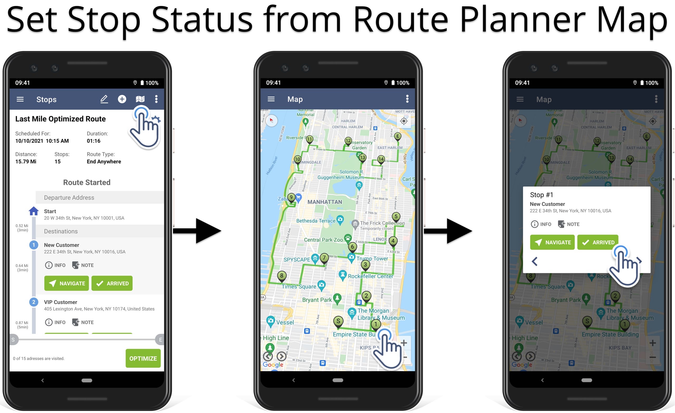 Open planned route on route planner map to set route status for failed and completed orders.