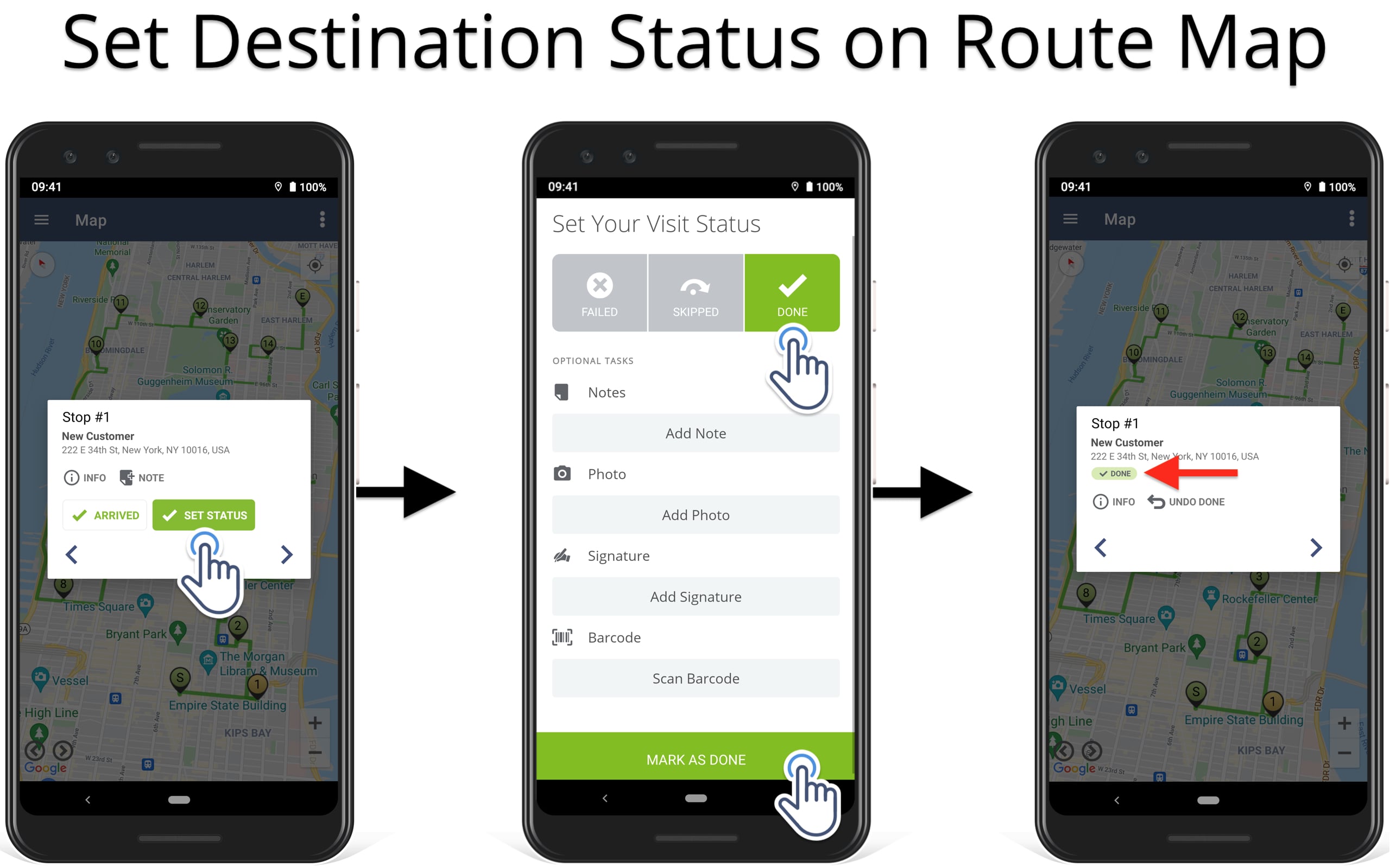 Use route planner map to set Failed, Skipped, and Done route stop statuses for route destinations.