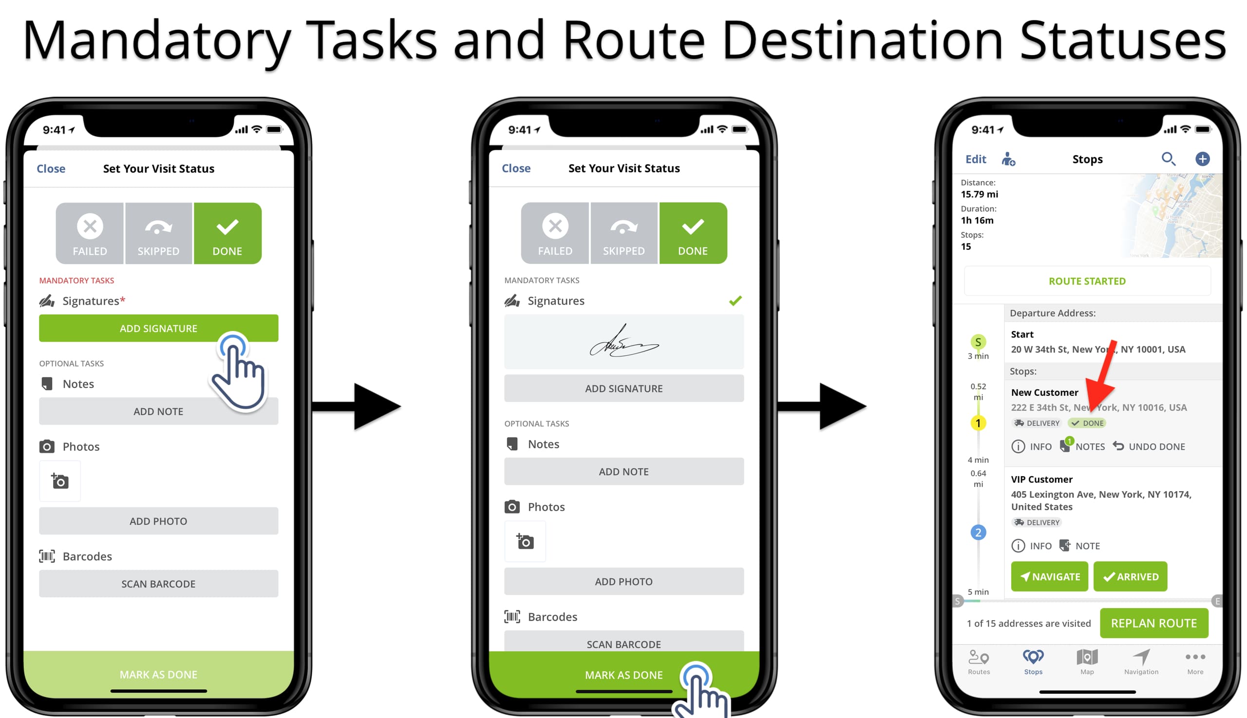 Using mandatory tasks and route stop statuses on Route4Me's iOS Route Planner app.
