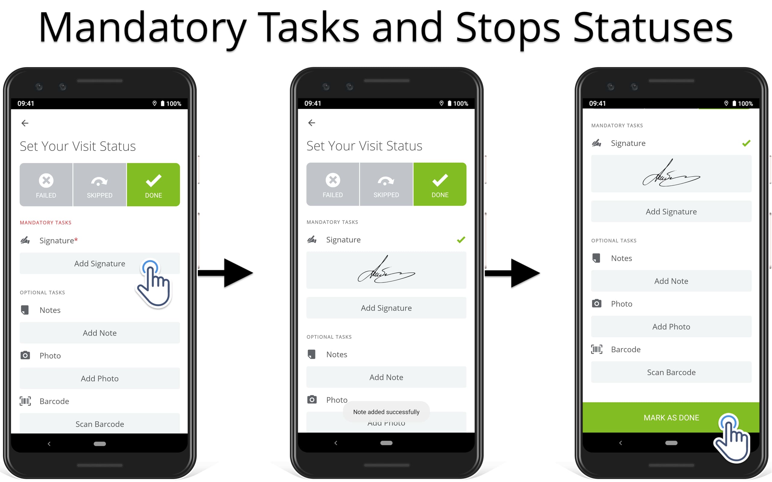 Use mandatory tasks and route stops statuses on the Android Route Planner app.