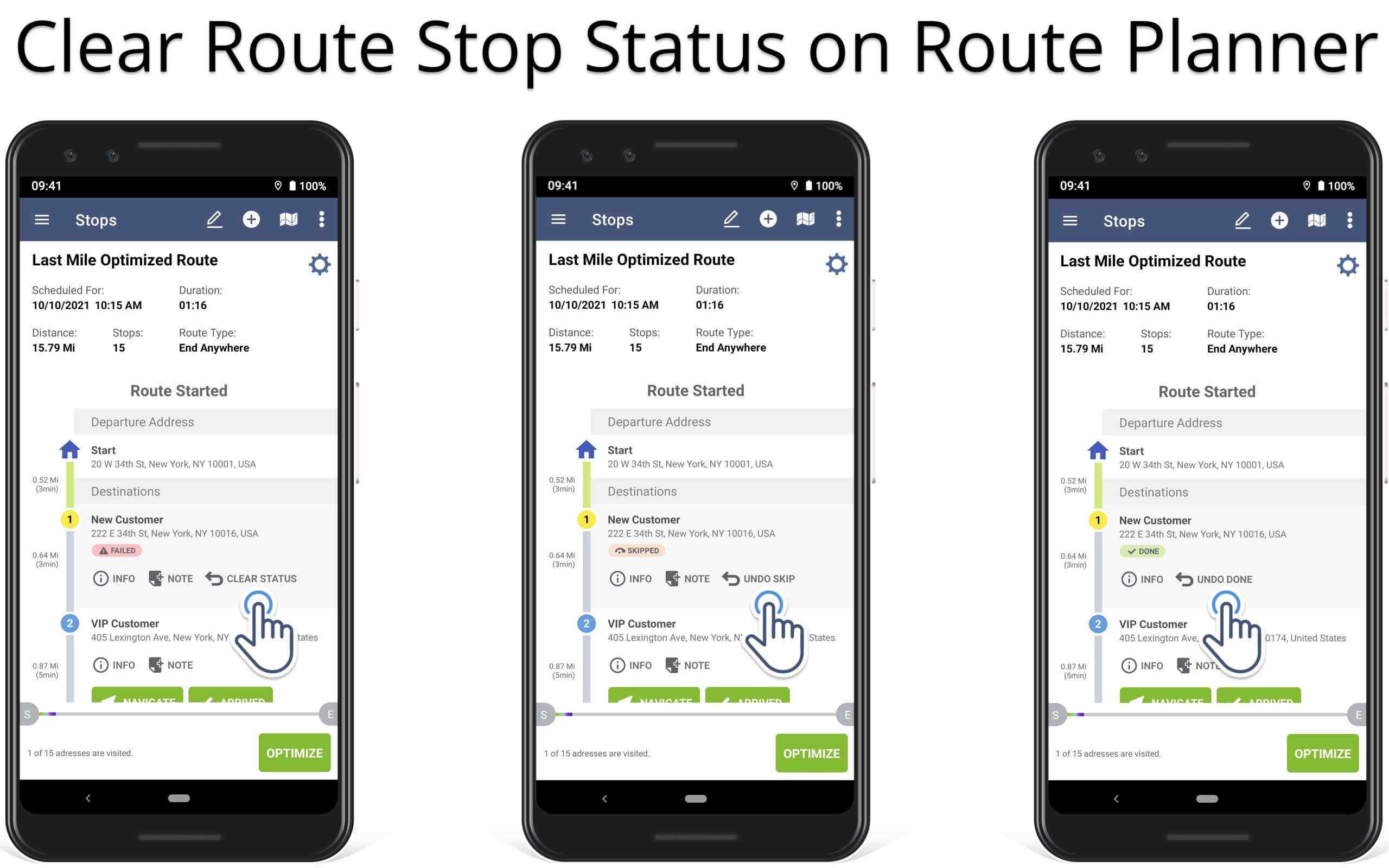 Clear delivery status for failed orders, skipped stops and done visits on route planner app.