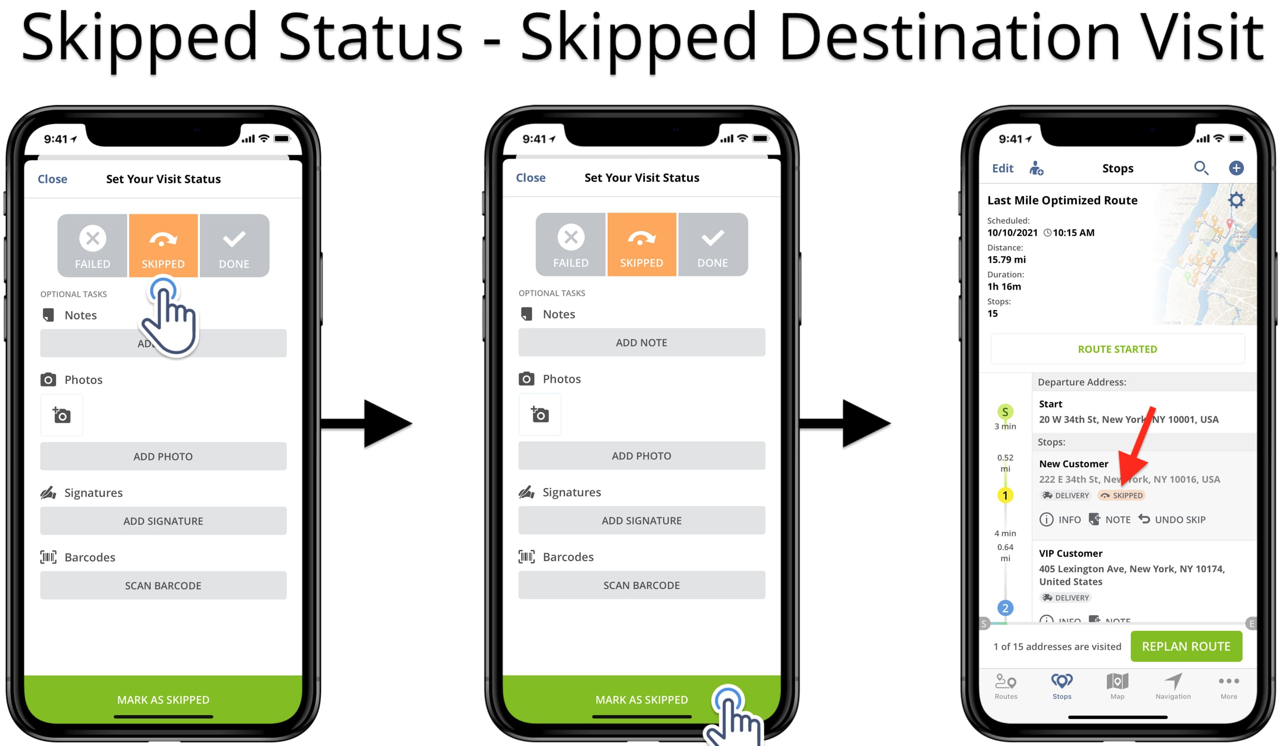 Add Skipped order status to avoided and not visited route stops using the iOS Route Planner app.
