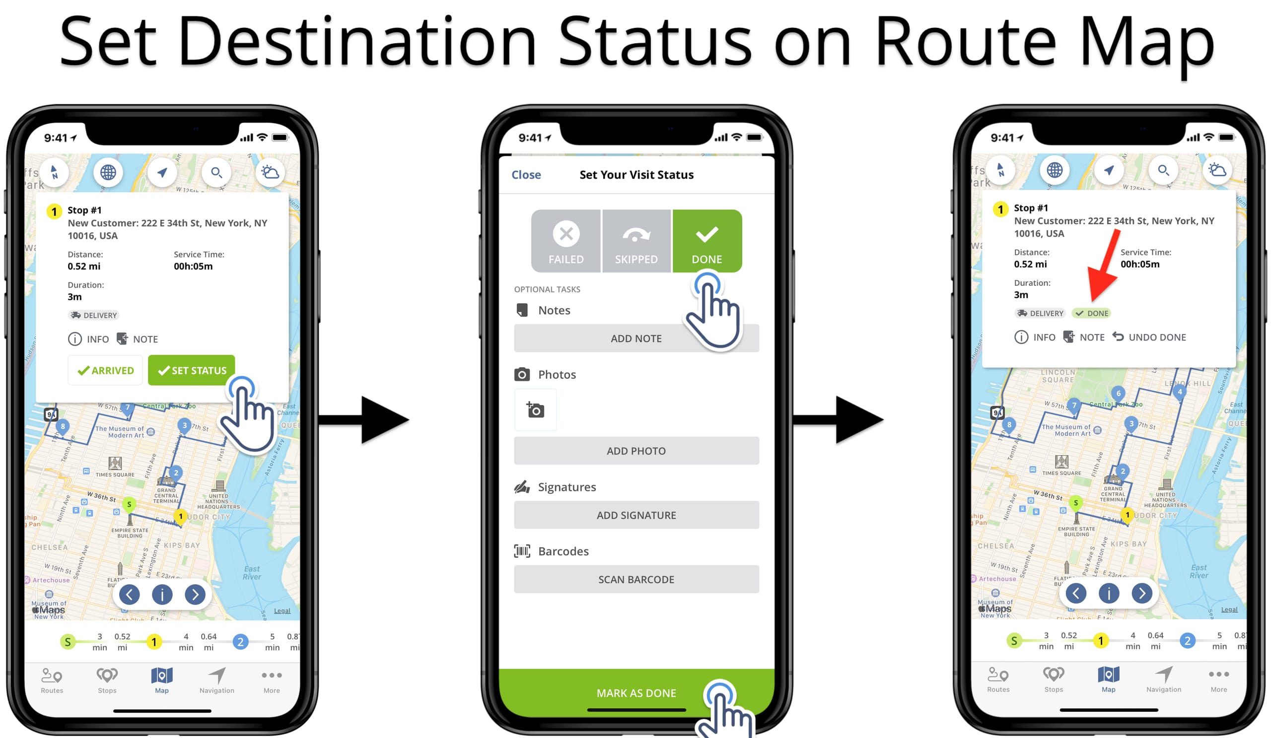 Using route map on iOS route planner app to set Failed, Skipped, and Done stops statuses.