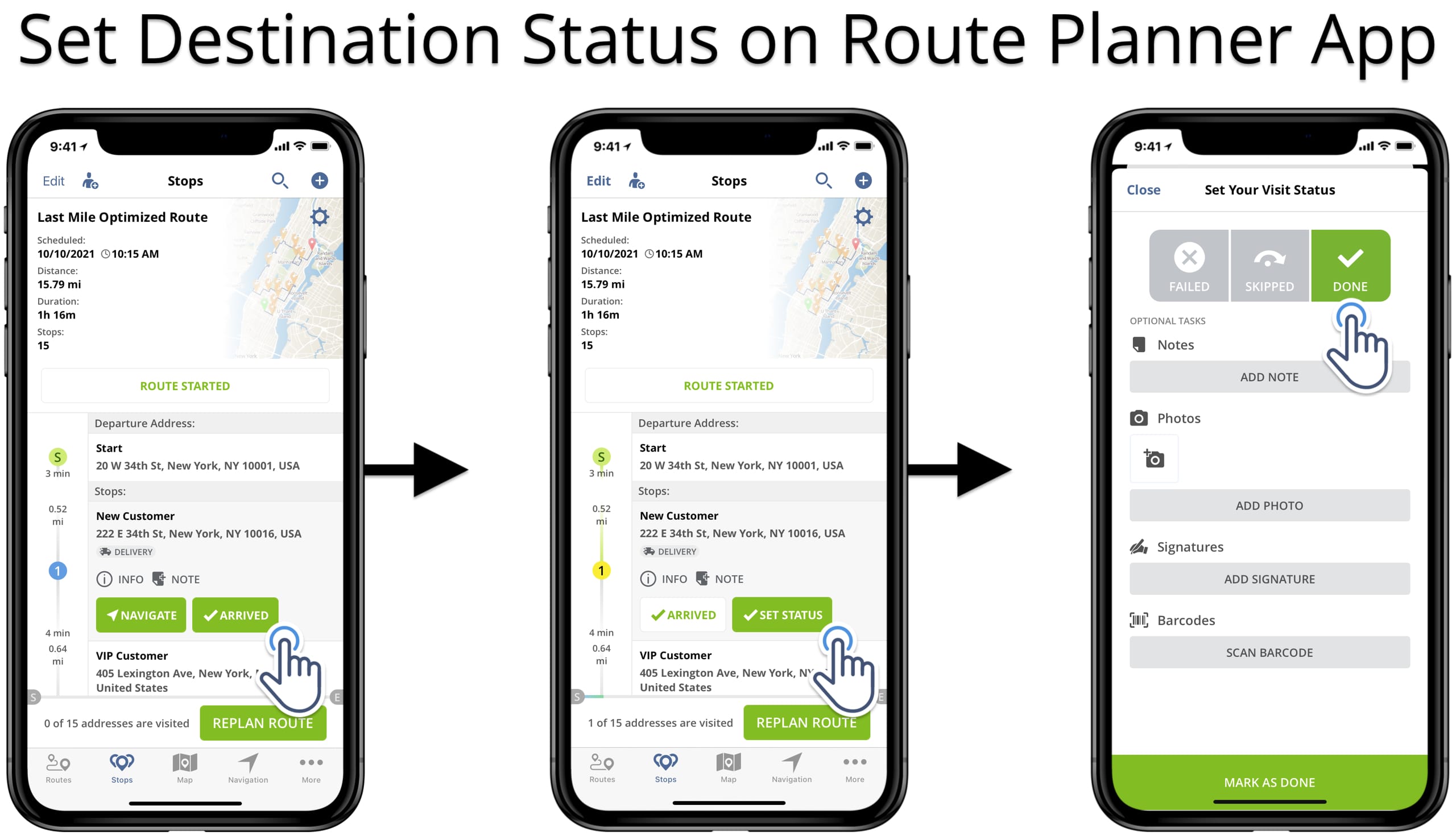Set route destination status to stops on planned routes using the iPhone Route Planner app.