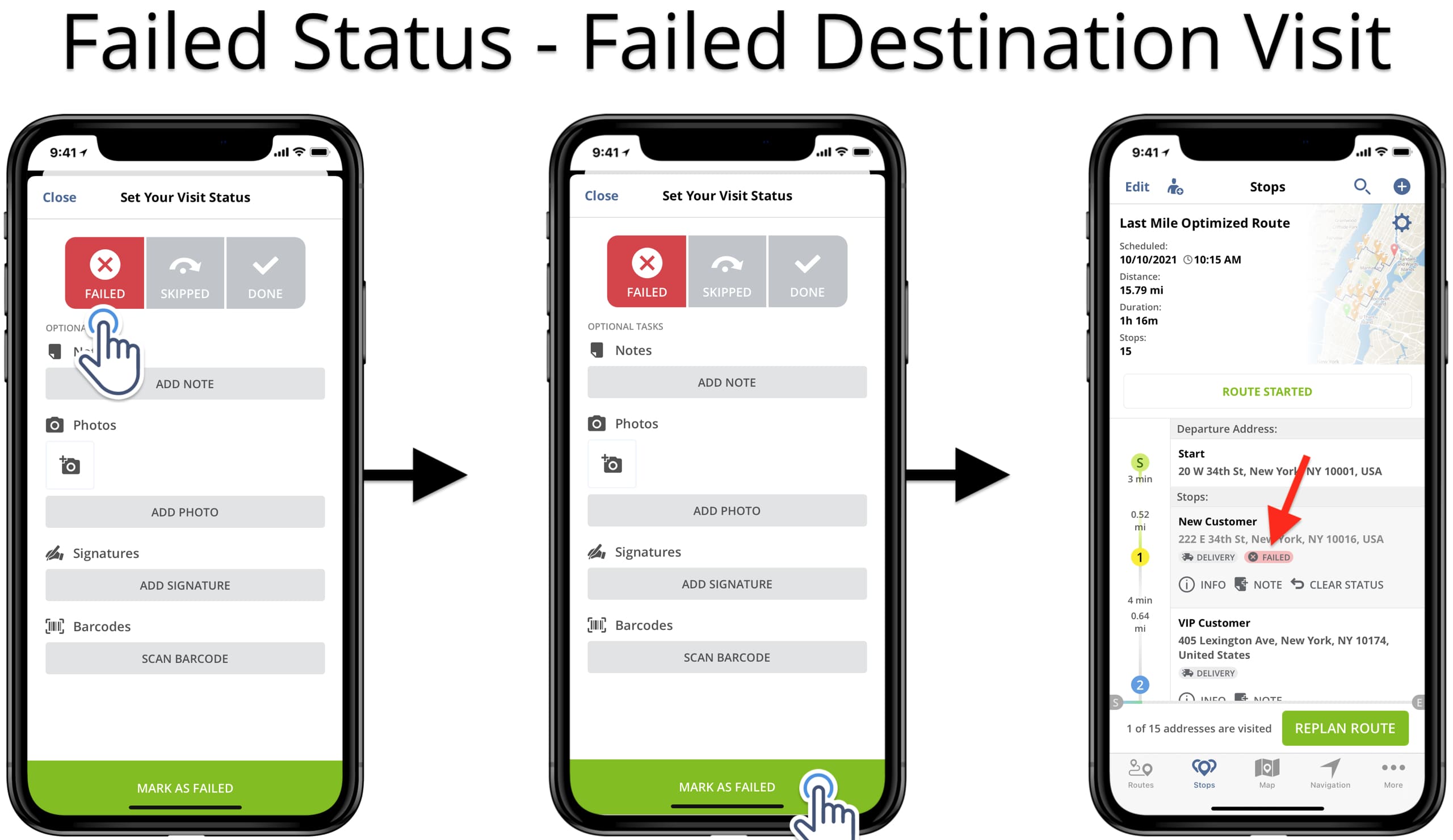 Set Failed delivery status to not visited and uncompleted orders on the iOS Route Planner app.
