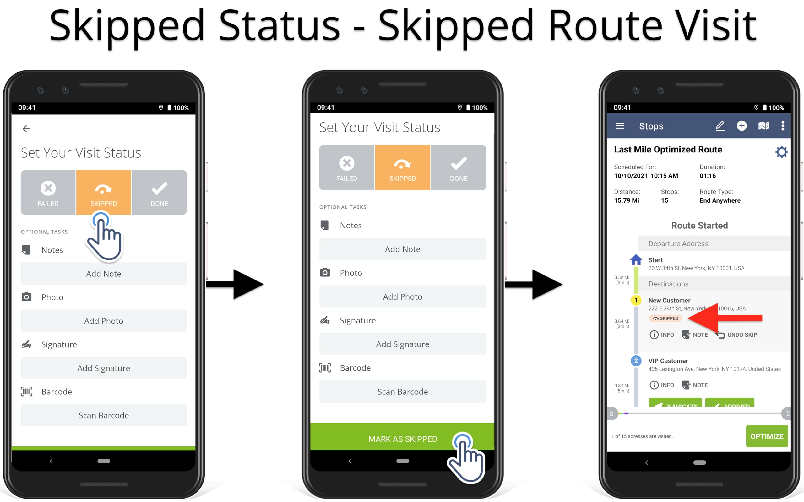 Set Skipped route order status for not visited destinations on the Android Route Planner app.