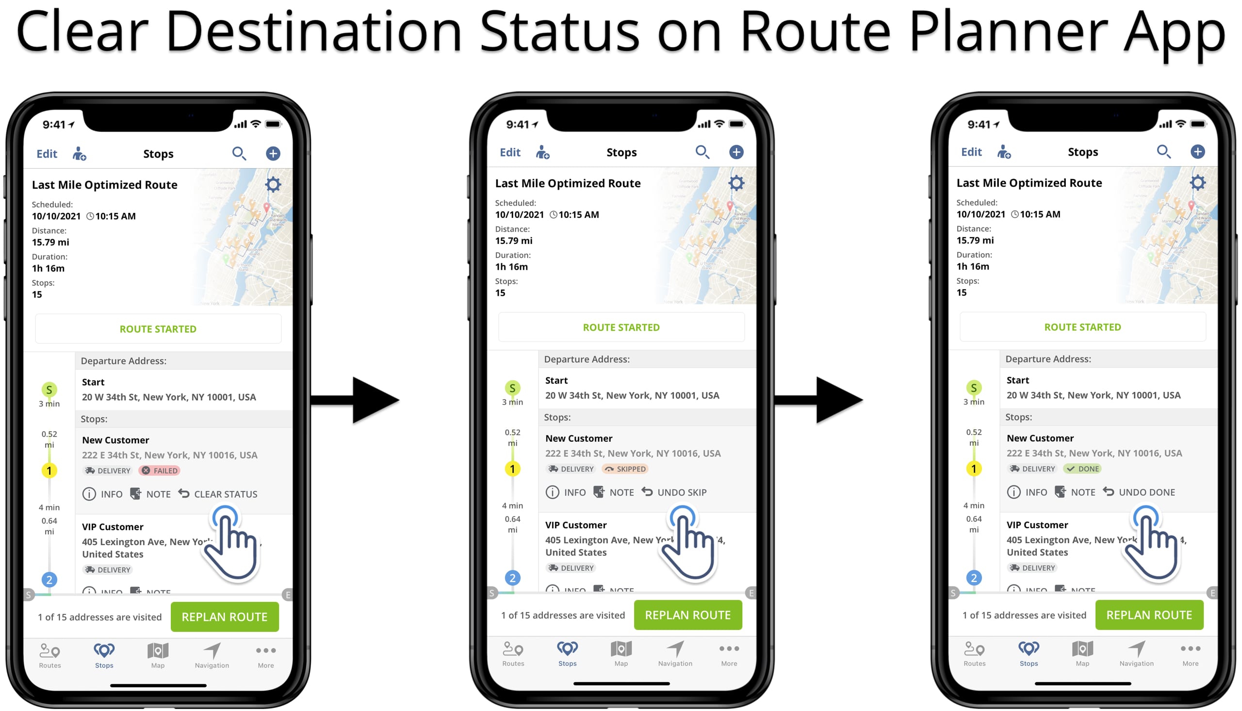 Clear route destination status for failed, skipped, and done orders on the iOS route planner app.