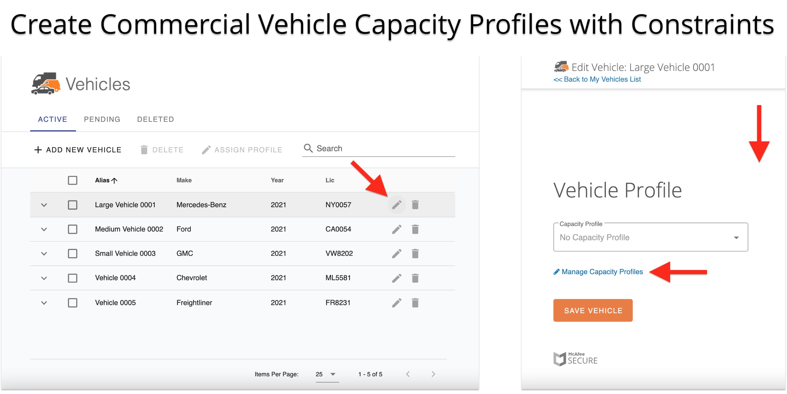 Create commercial vehicle capacity profiles for delivery route planning with vehicle parameters.