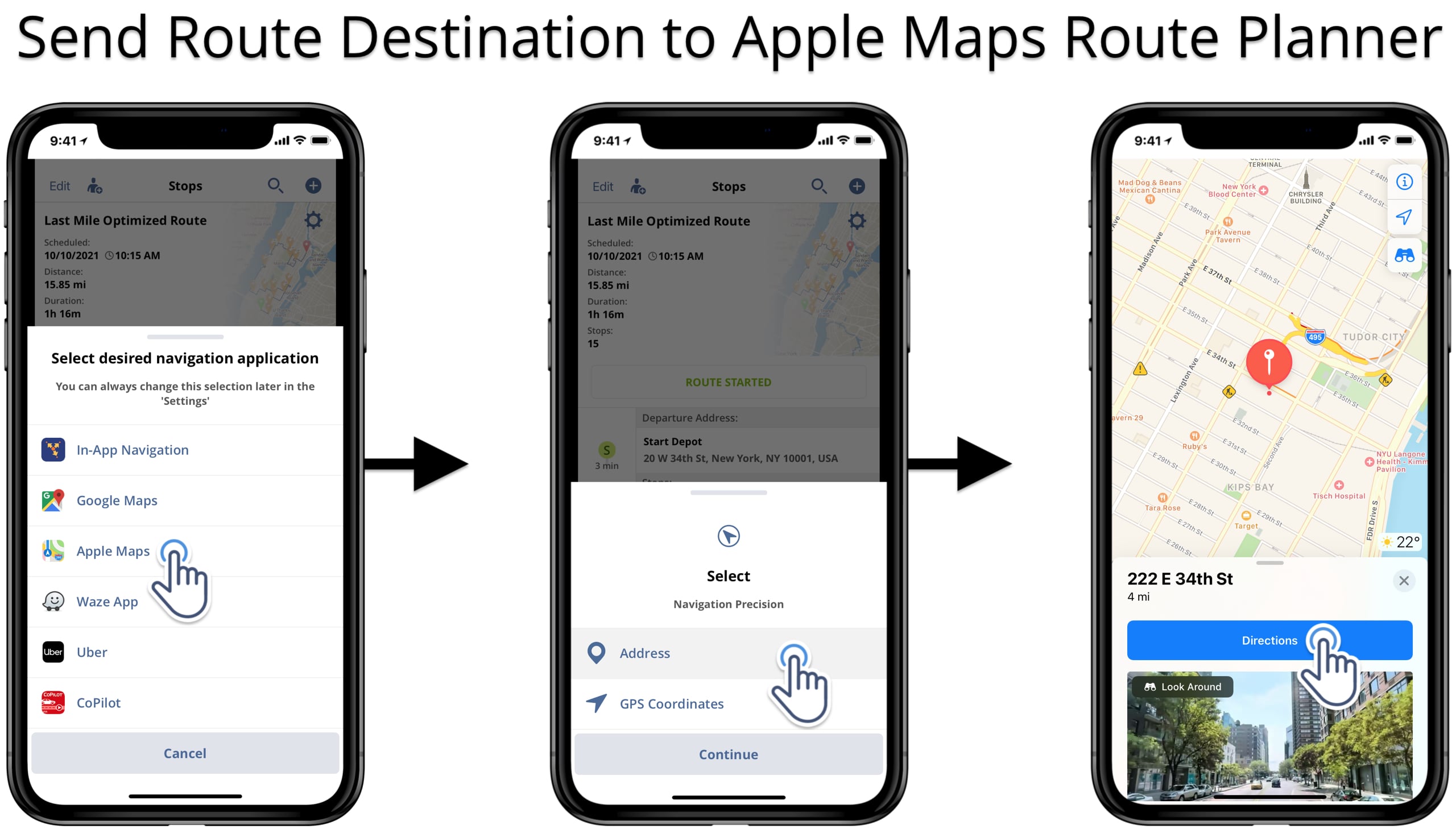 Send optimized route to the Apple Maps navigation app to get driving directions from Apple Maps.