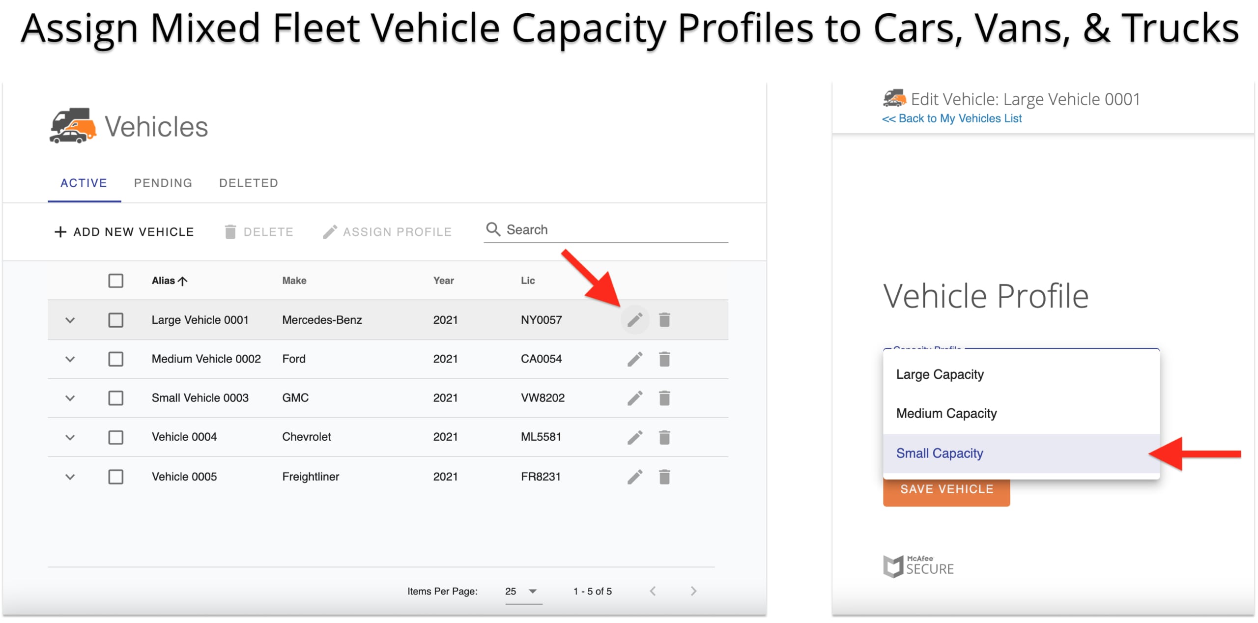 Assign vehicle capacity profiles with different load limits to your cars, vans, trucks, etc.