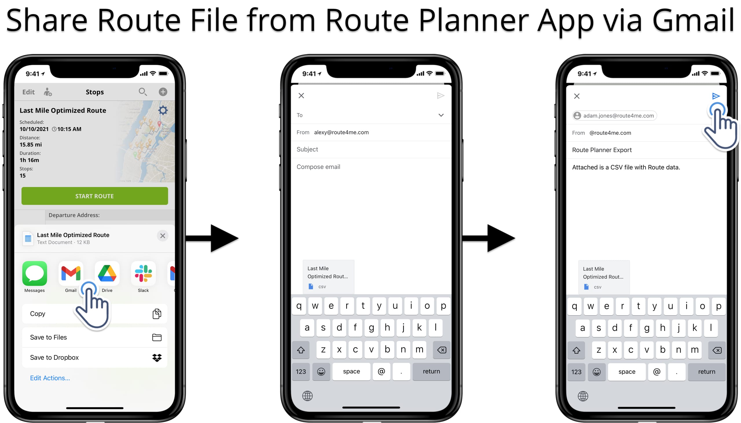 Send downloaded CSV route files from route planner app via Gmail.