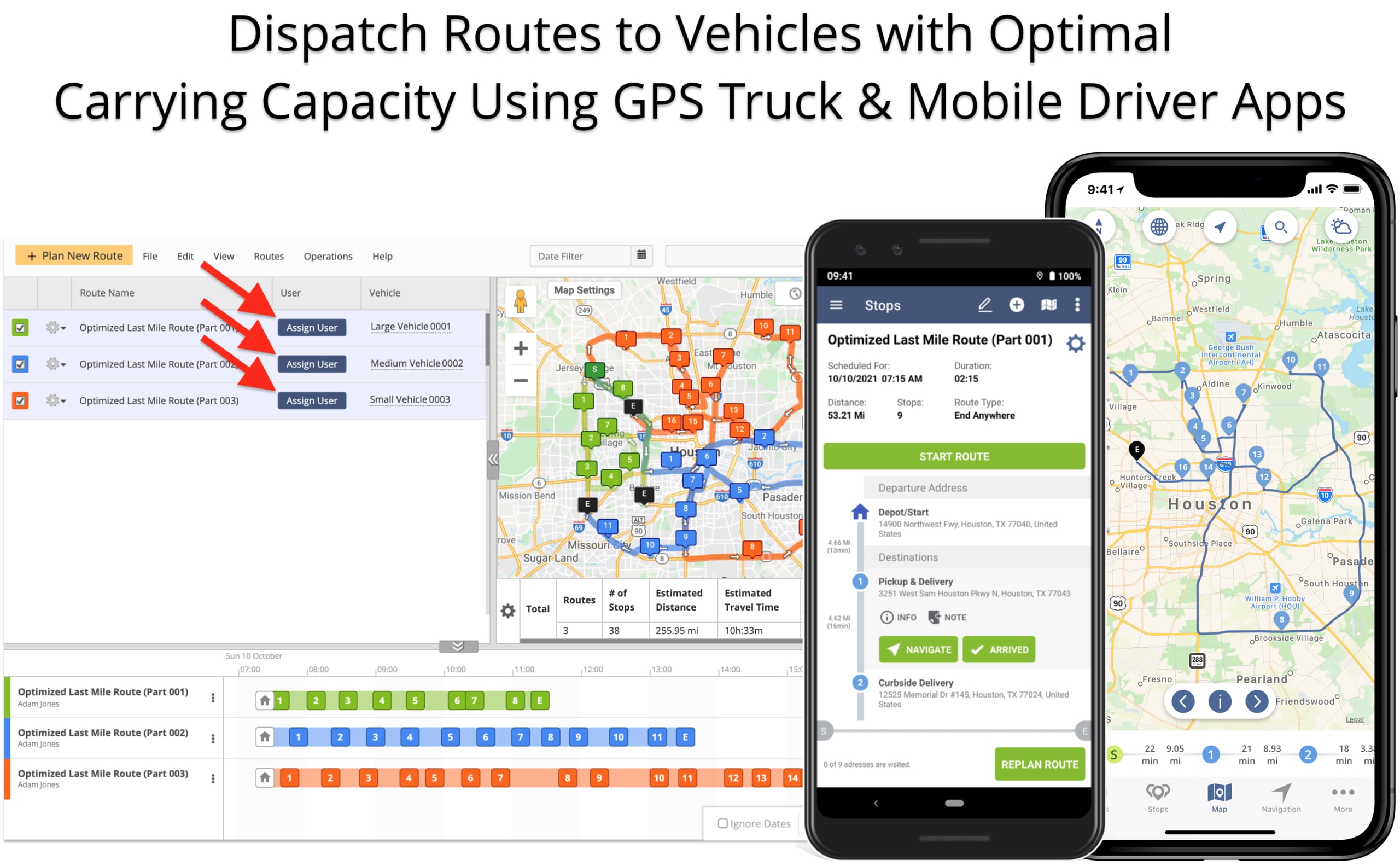 Dispatch delivery and pickup routes to a mixed fleet of vehicles with different load capacities.