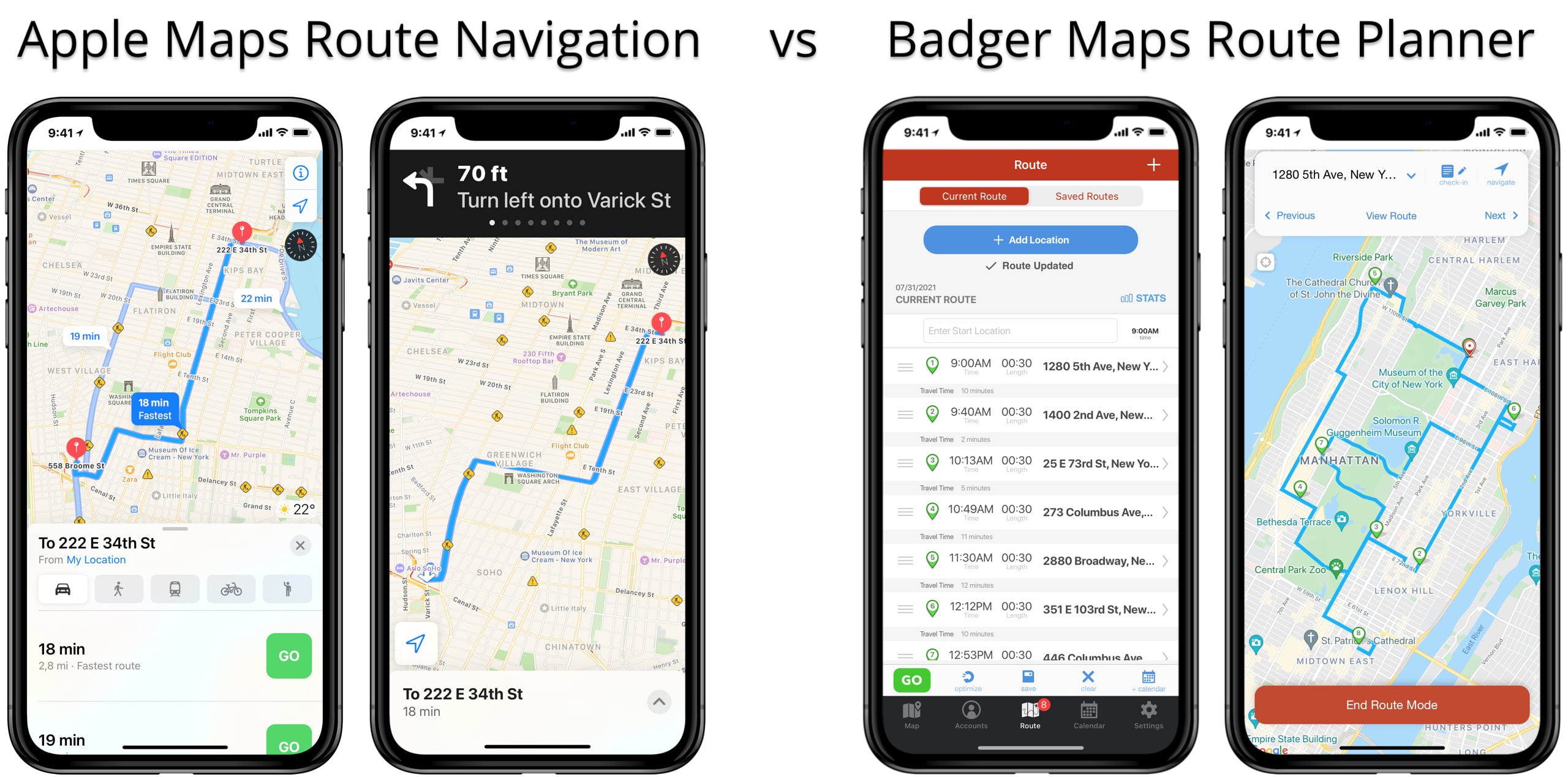 Apple Maps vs Badger Maps route planner for sales and last-mile route planning and optimization.