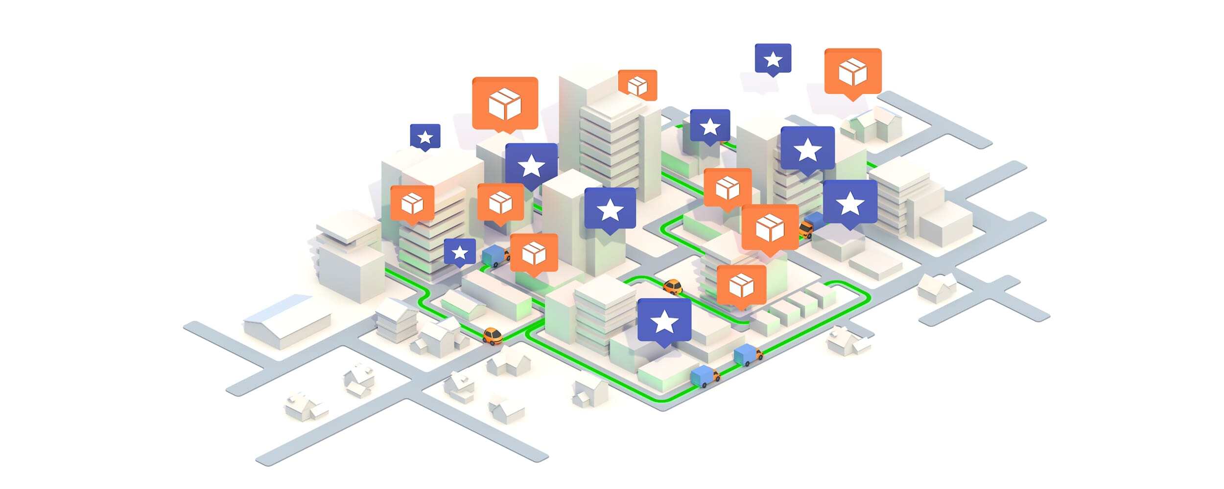 Delivery cars navigating multi stop routes depicting how route optimization works.