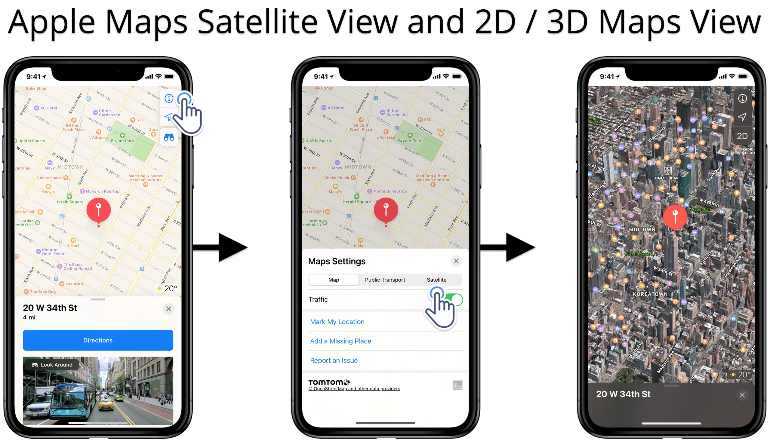 Apple Maps satellite view with 2D and 3D map view on the iPhone Maps app.
