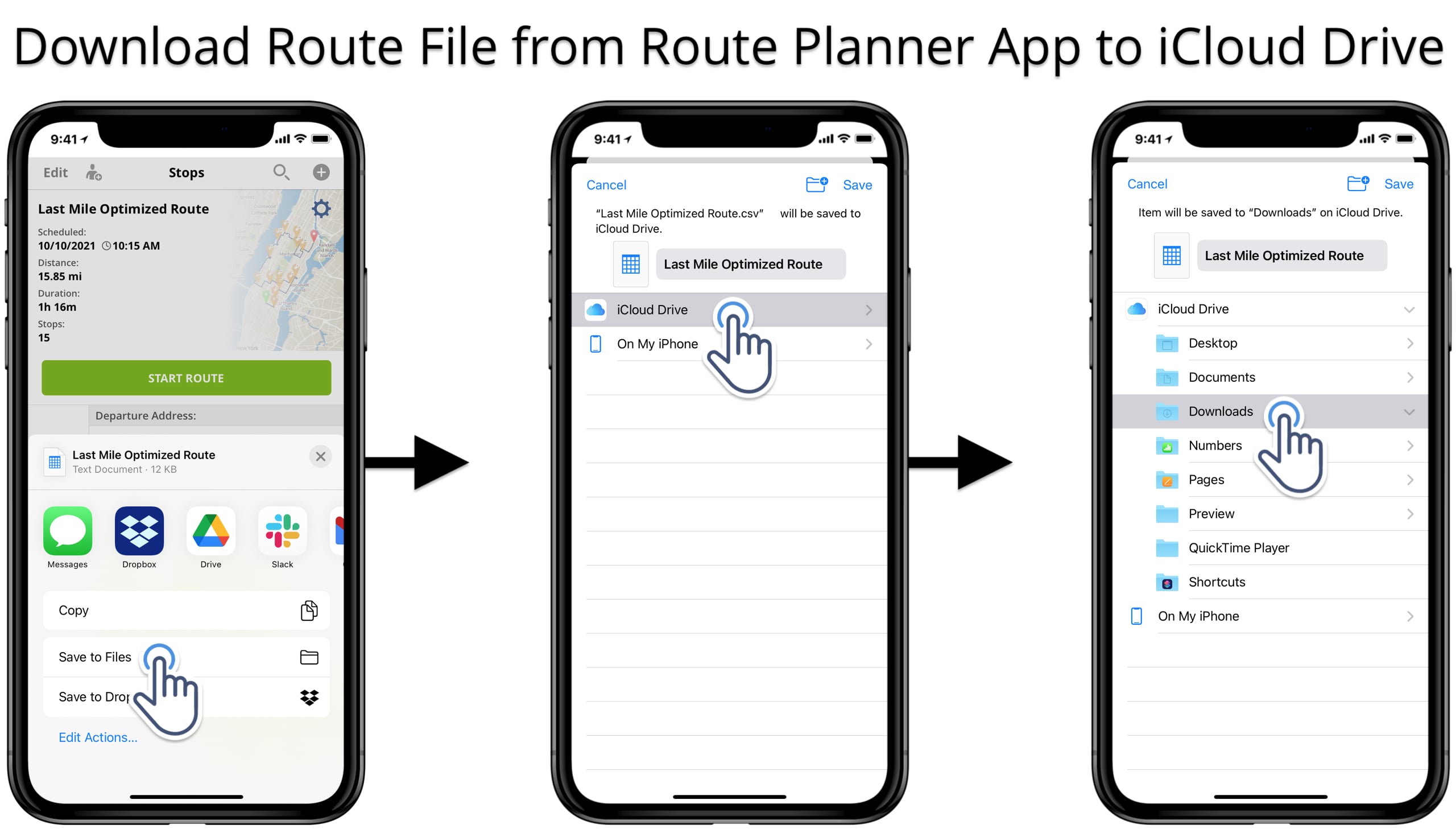 Download route planner routes to iPad or iPhone storage and iCloud.