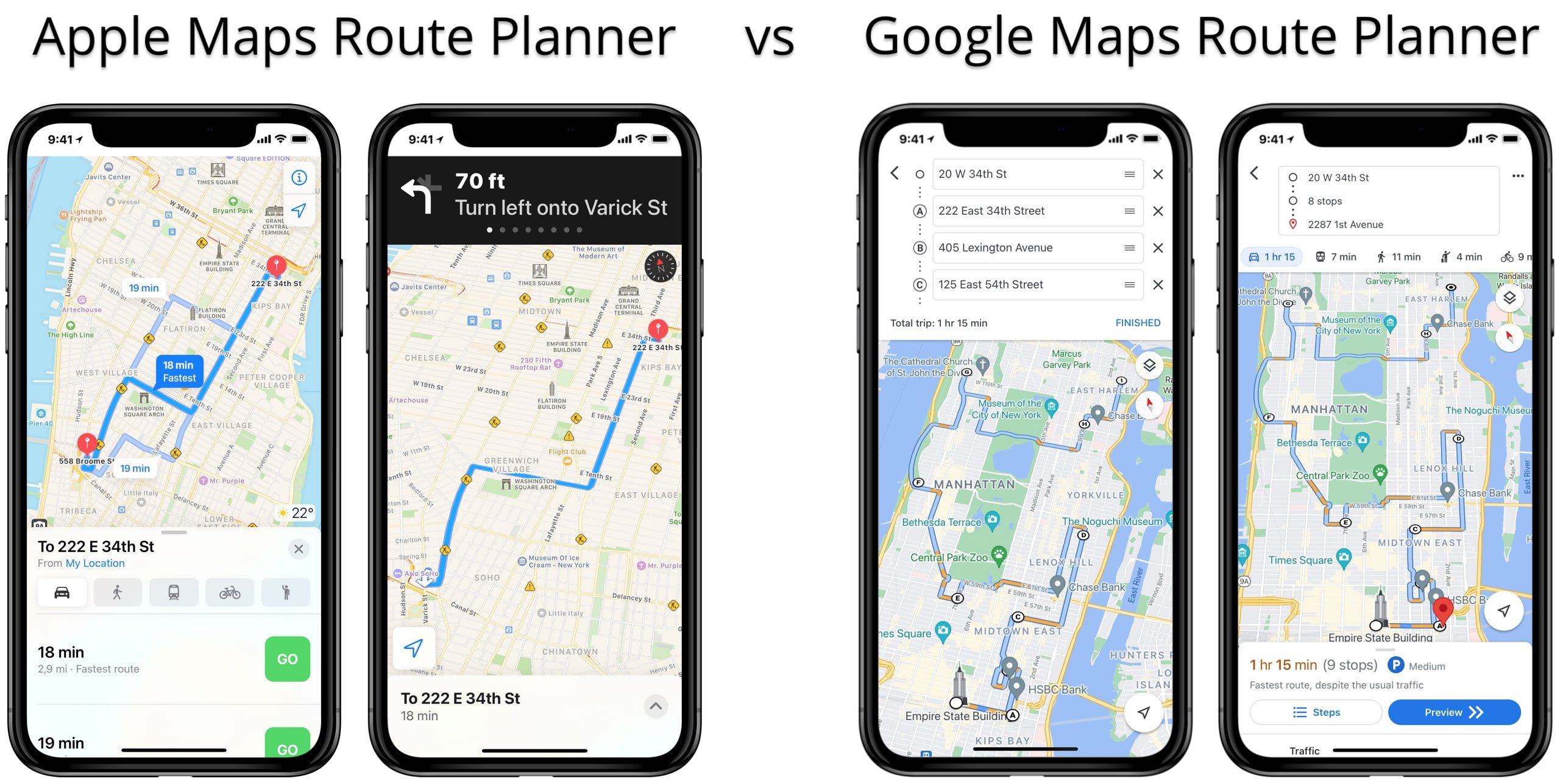 Apple Maps route planner vs Google Maps route planner app for route optimization and navigation.