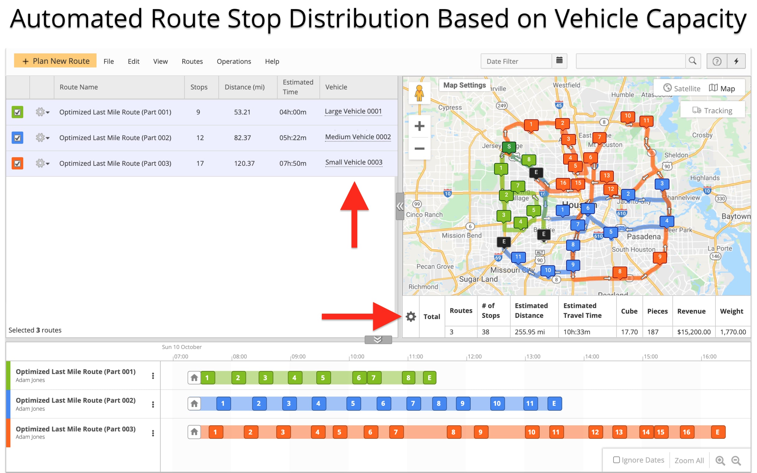 Automated route stop distribution based on vehicle load capacity and fleet parameters.