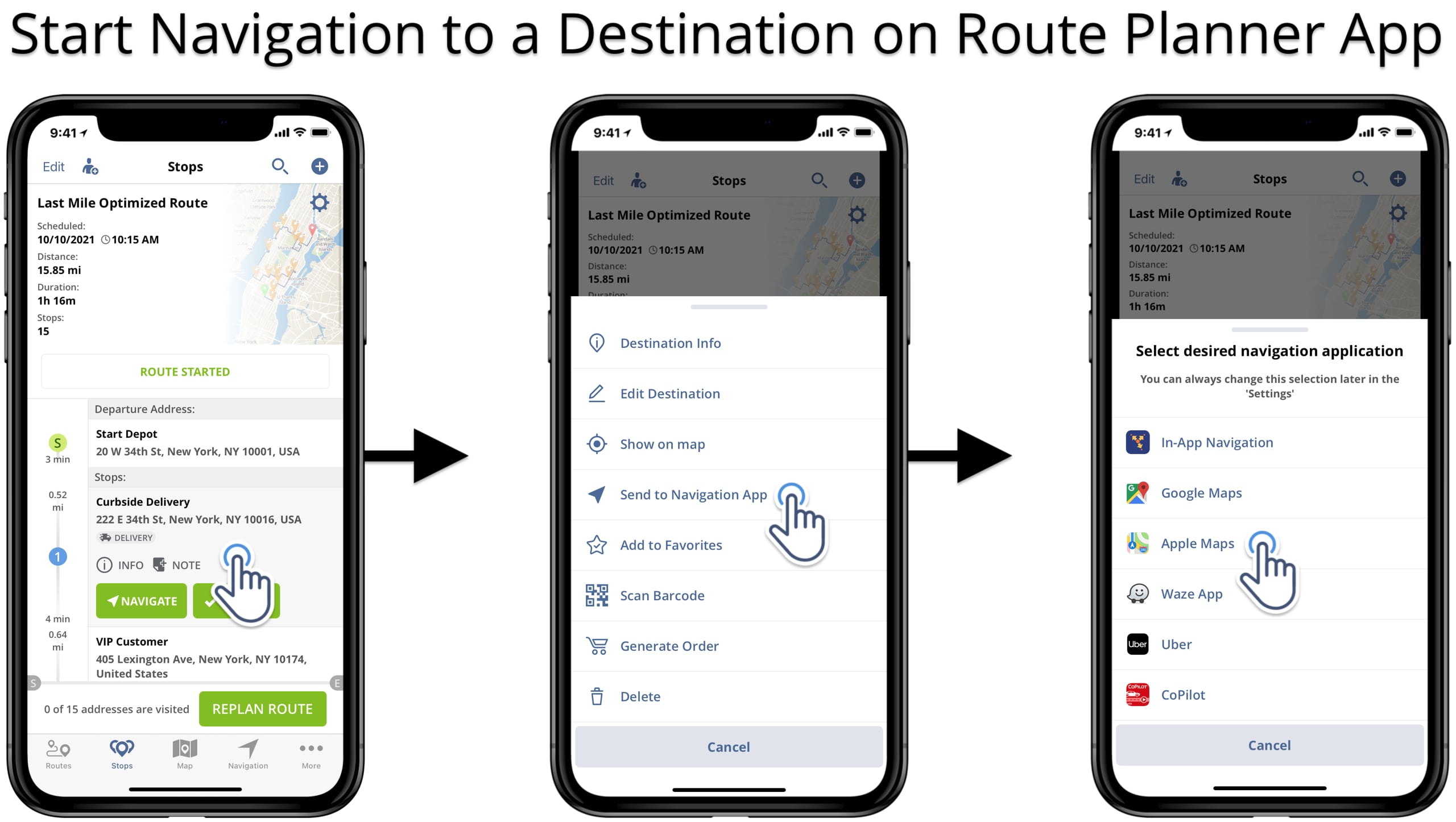 Send route destinations to iPhone navigation apps like Google Maps, Apple Maps, Waze, and more. 