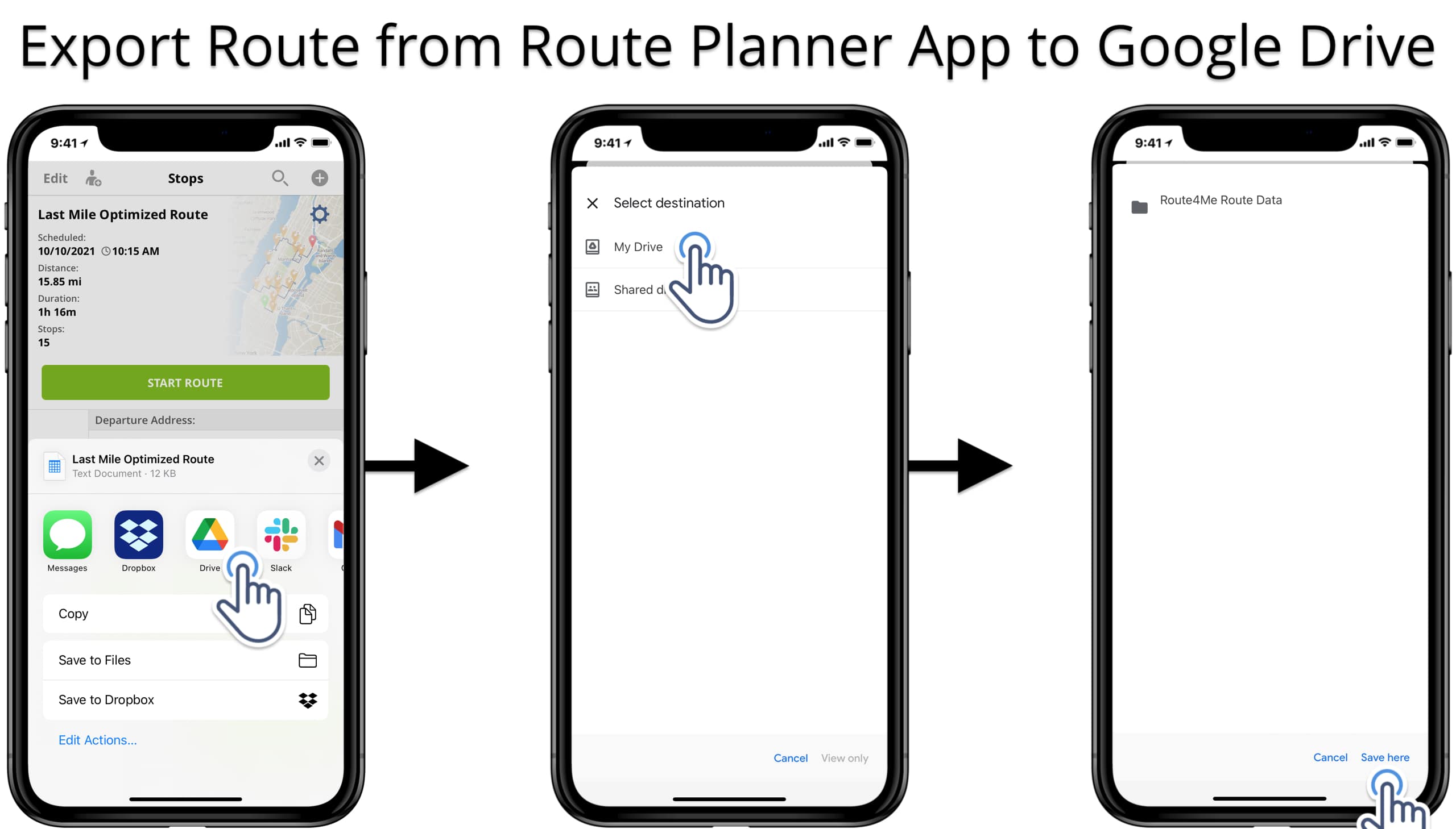 Export route planner routes to Google Drive on iPhone or iPad.