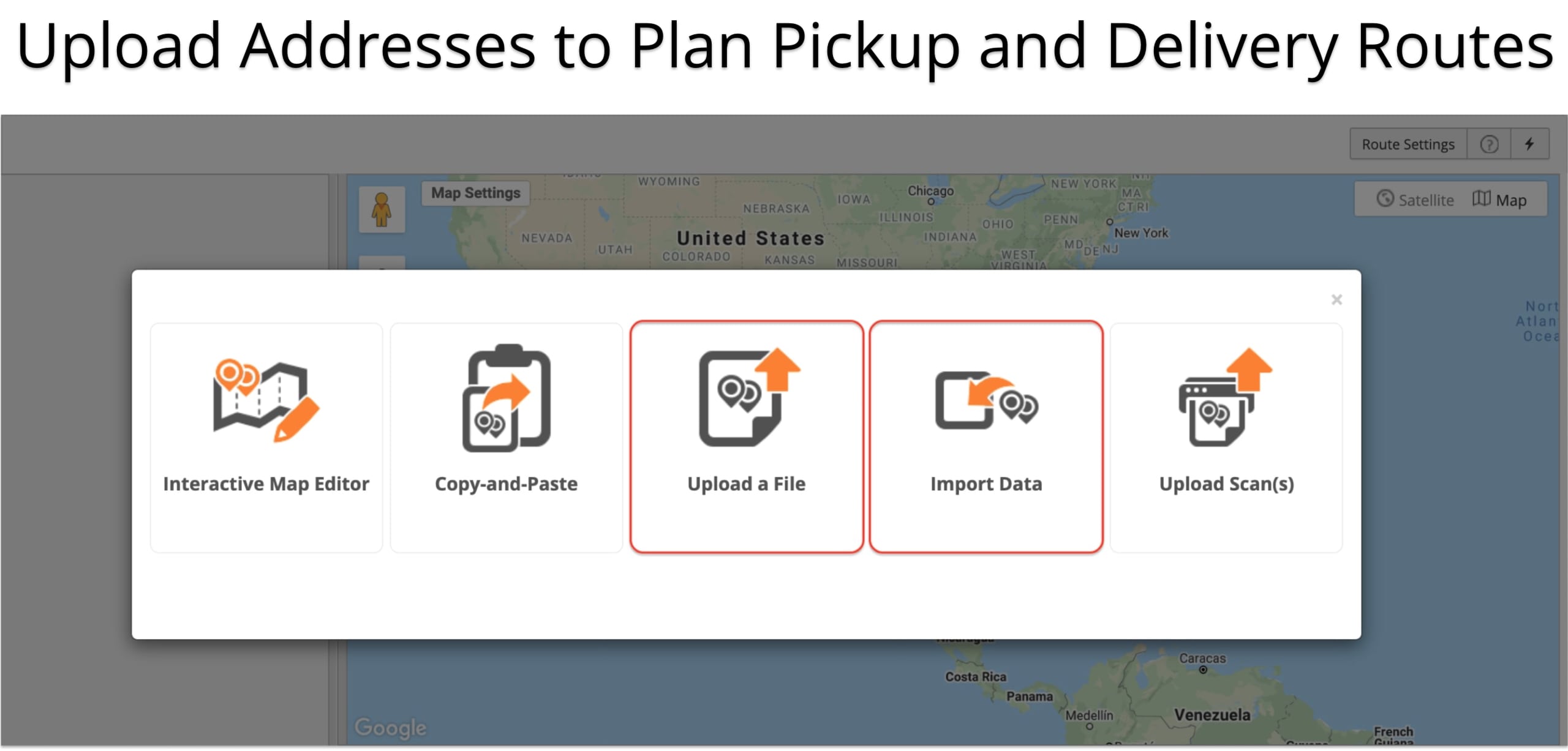 Import customer addresses with required vehicle capacity to plan pickup and delivery routes.