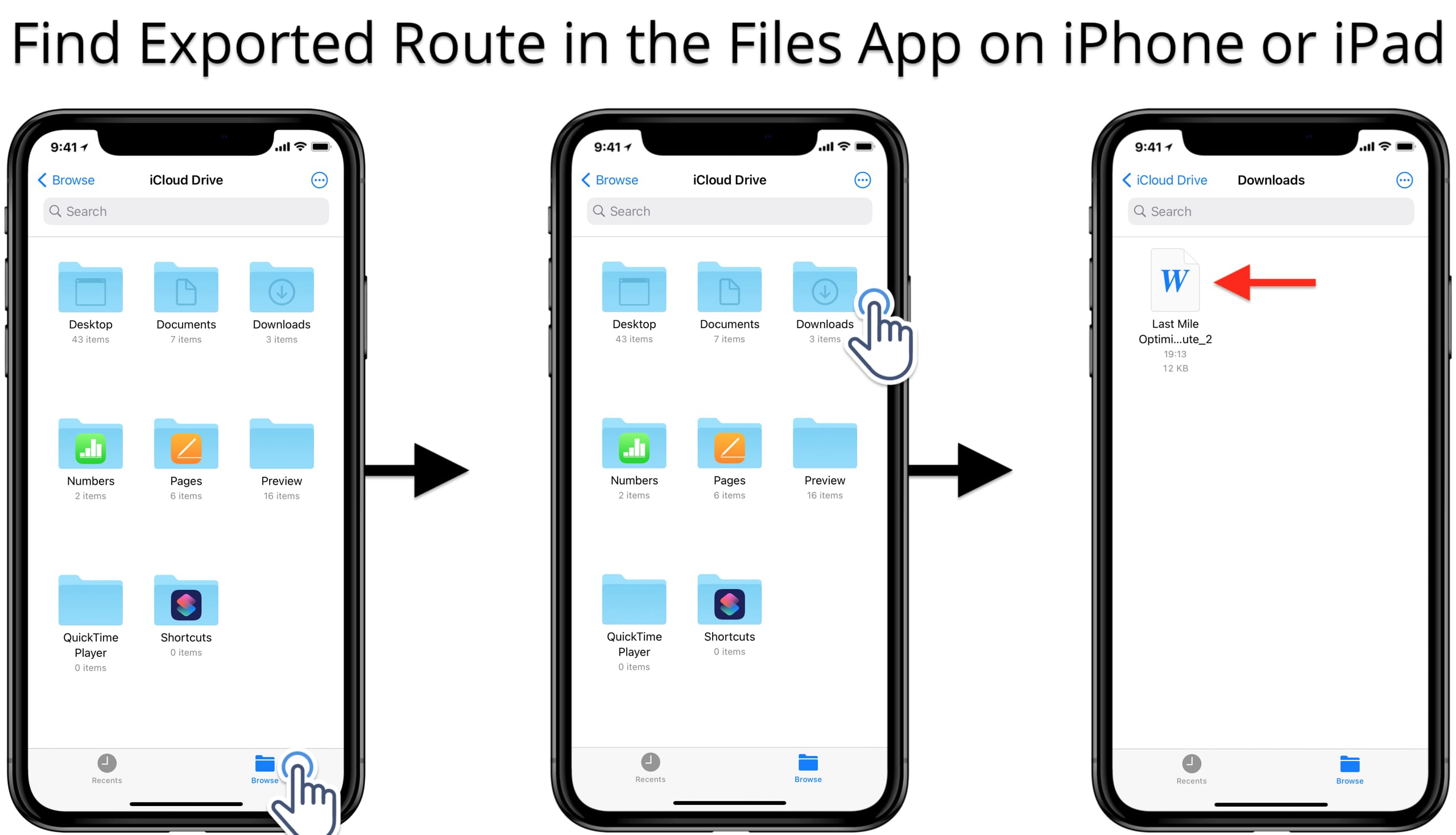 Find downloaded route planner routes in iPad or iPhone internal storage or iCloud.