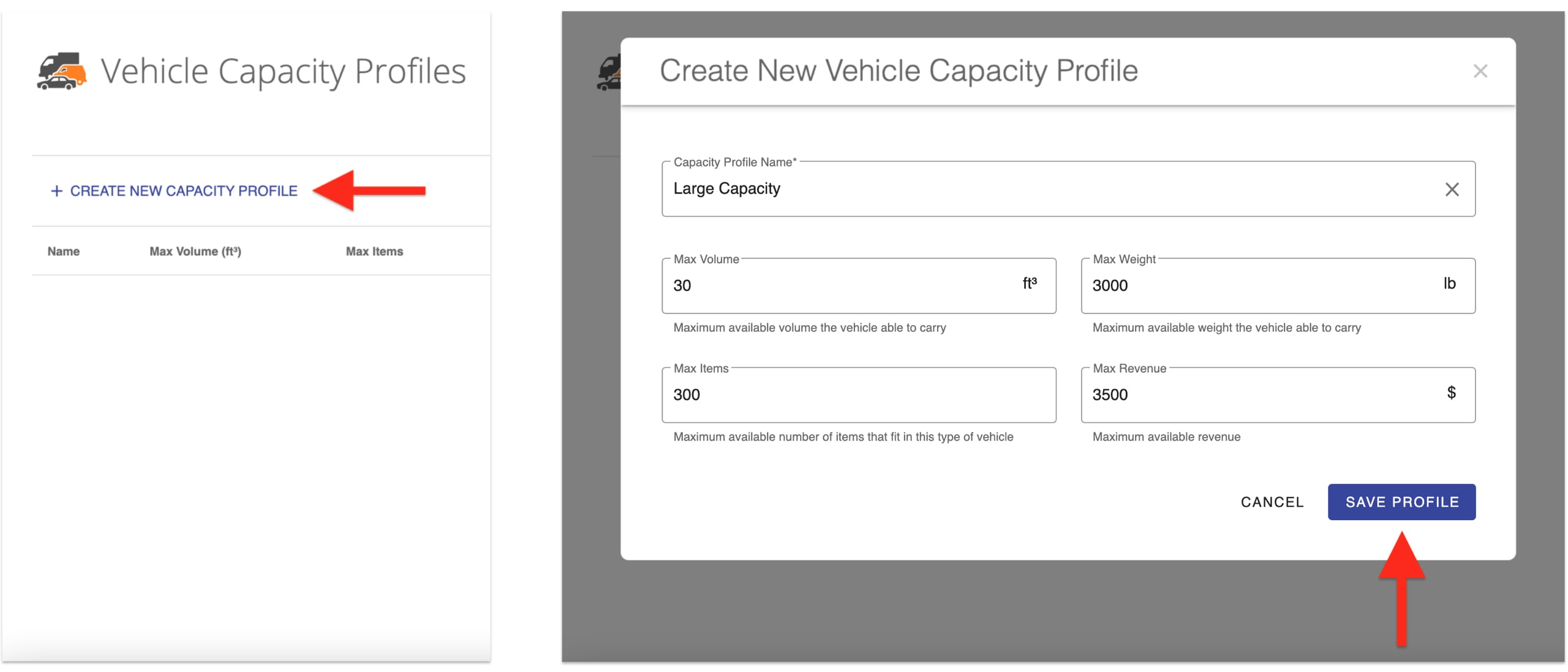 Create profiles with vehicle capacity constraints for mixed fleet route optimization.