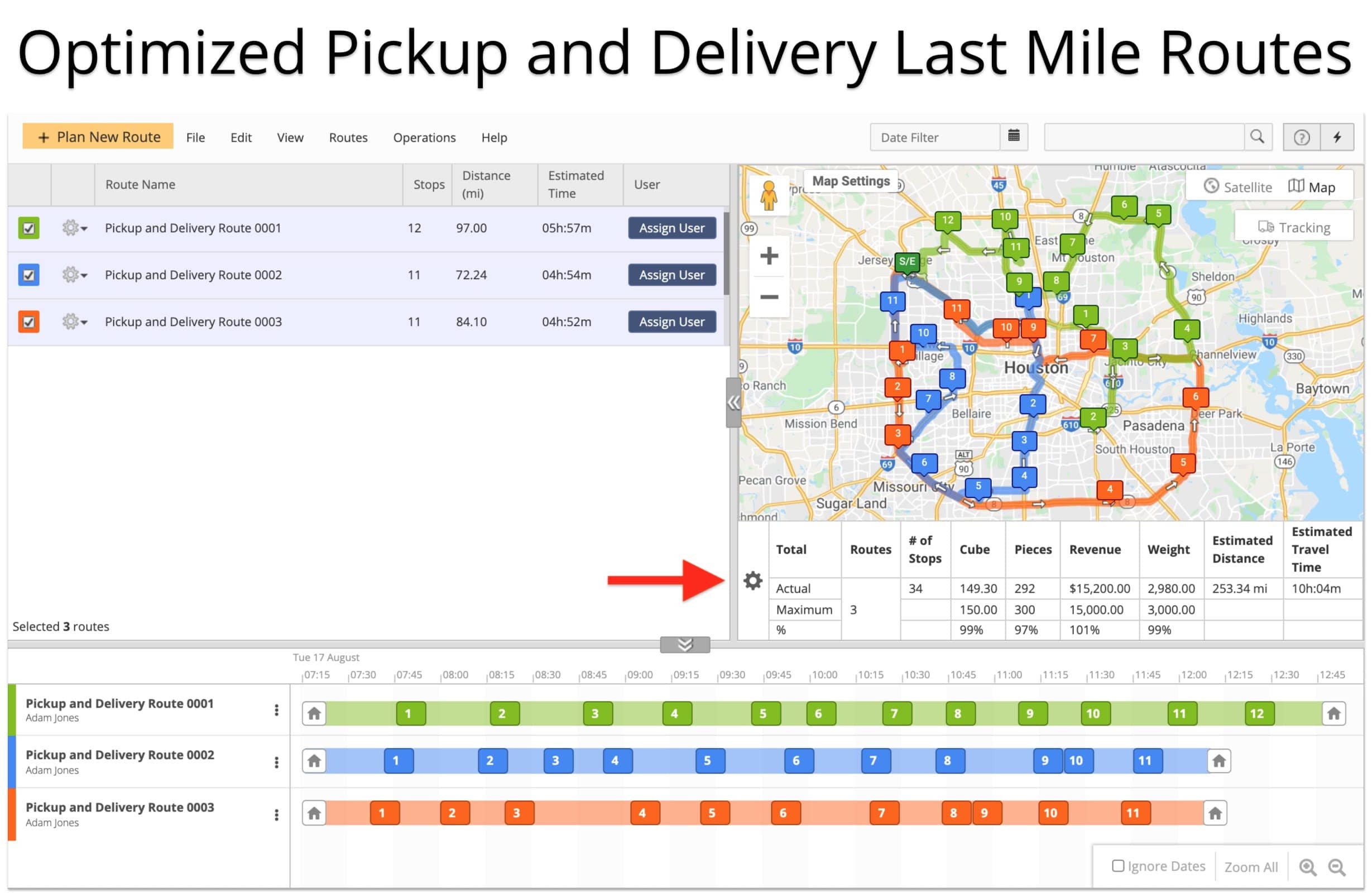 Pickup and delivery route planner with route stop distribution and vehicle capacity optimization.