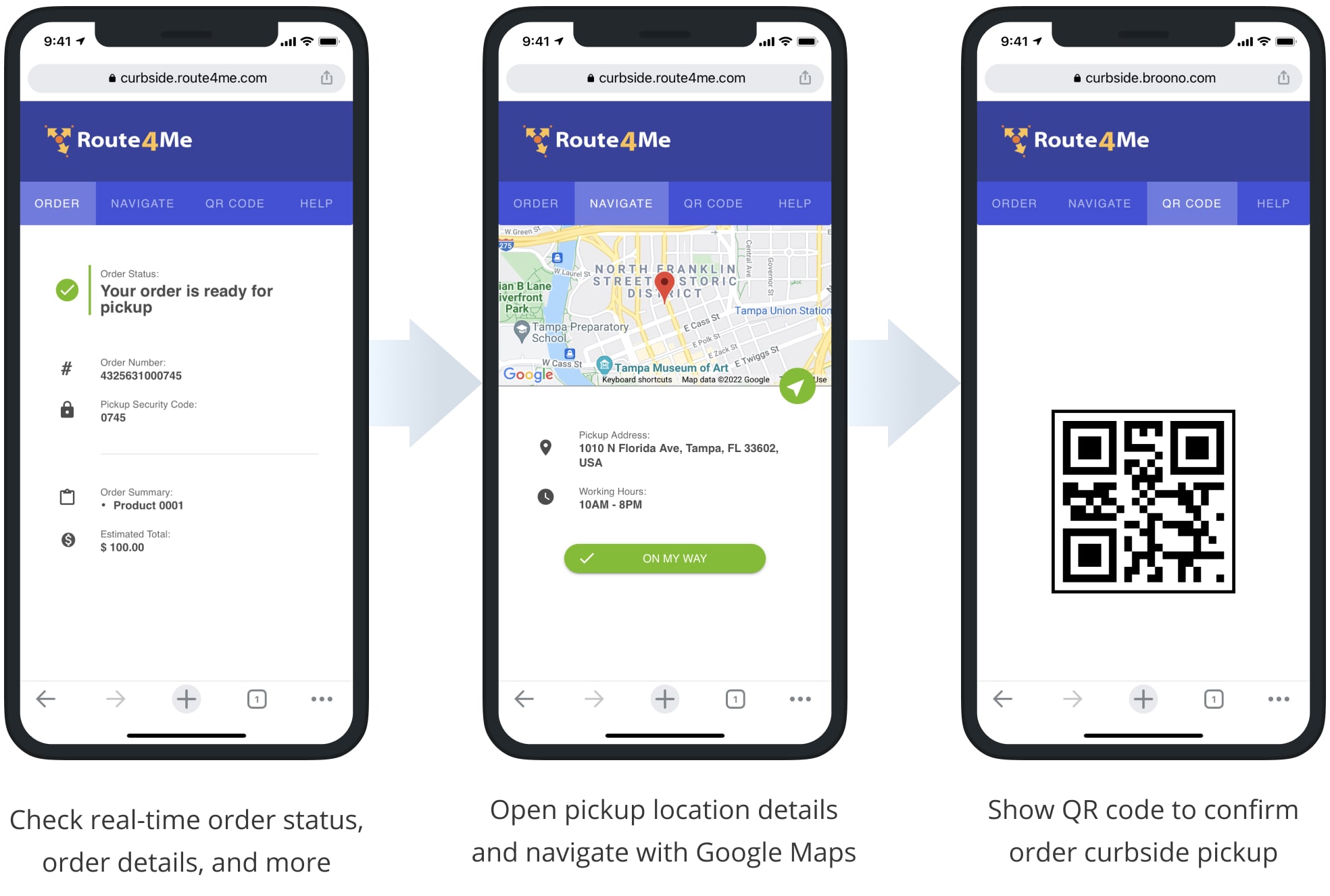Customers can use Route4Me's Shopify order tracking page to check order status, open curbside pickup location in Google Maps, and more.