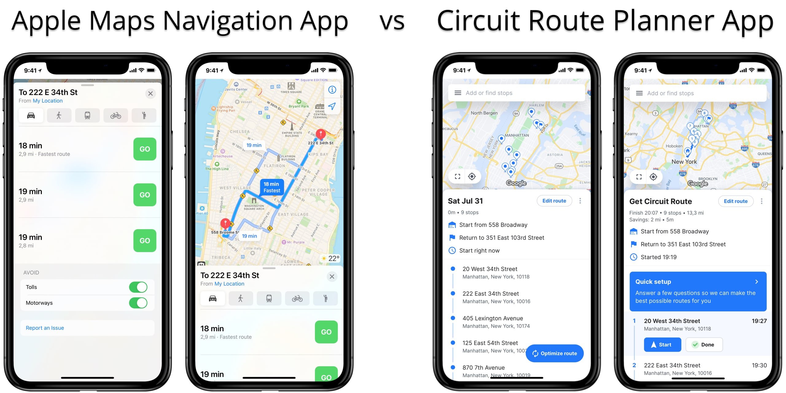 Apple Maps route planning vs Circuit route planner app for delivery drivers and route navigation.
