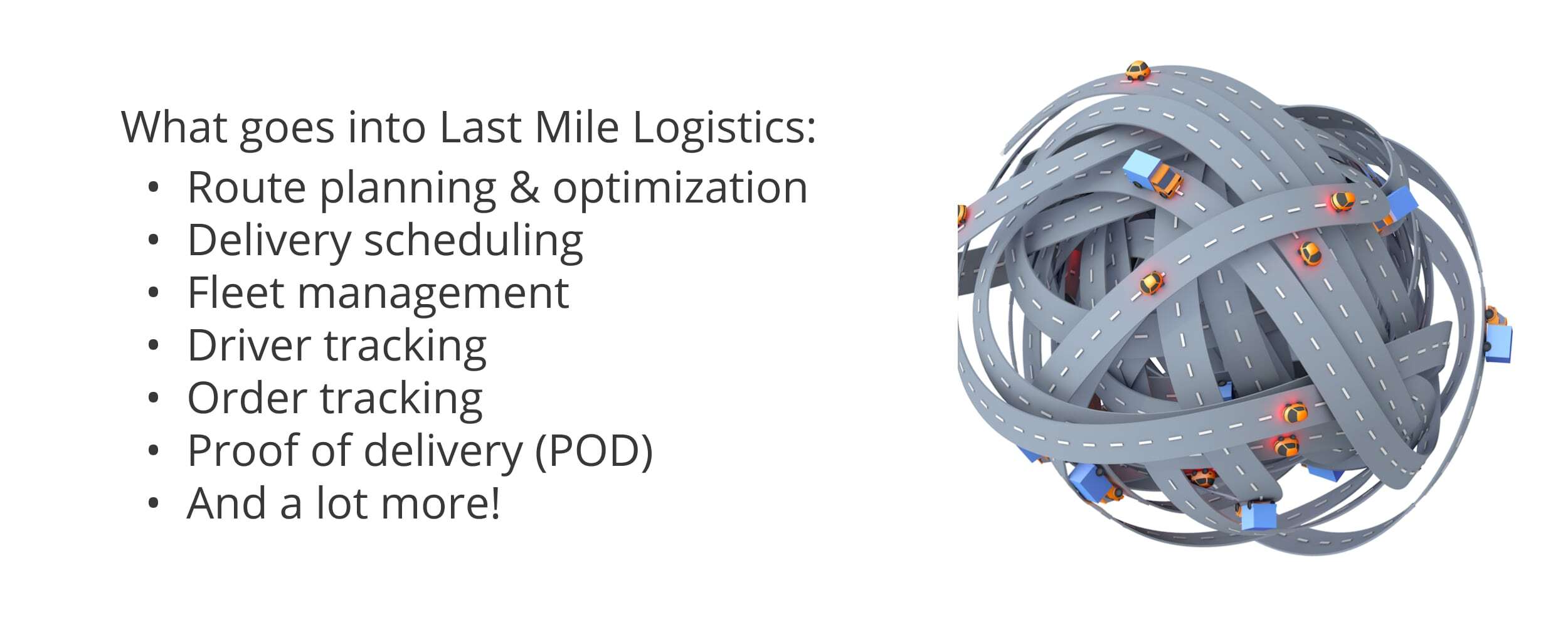 The processes comprising last mile logistics, such as fleet management, POD collection, route planning, etc.