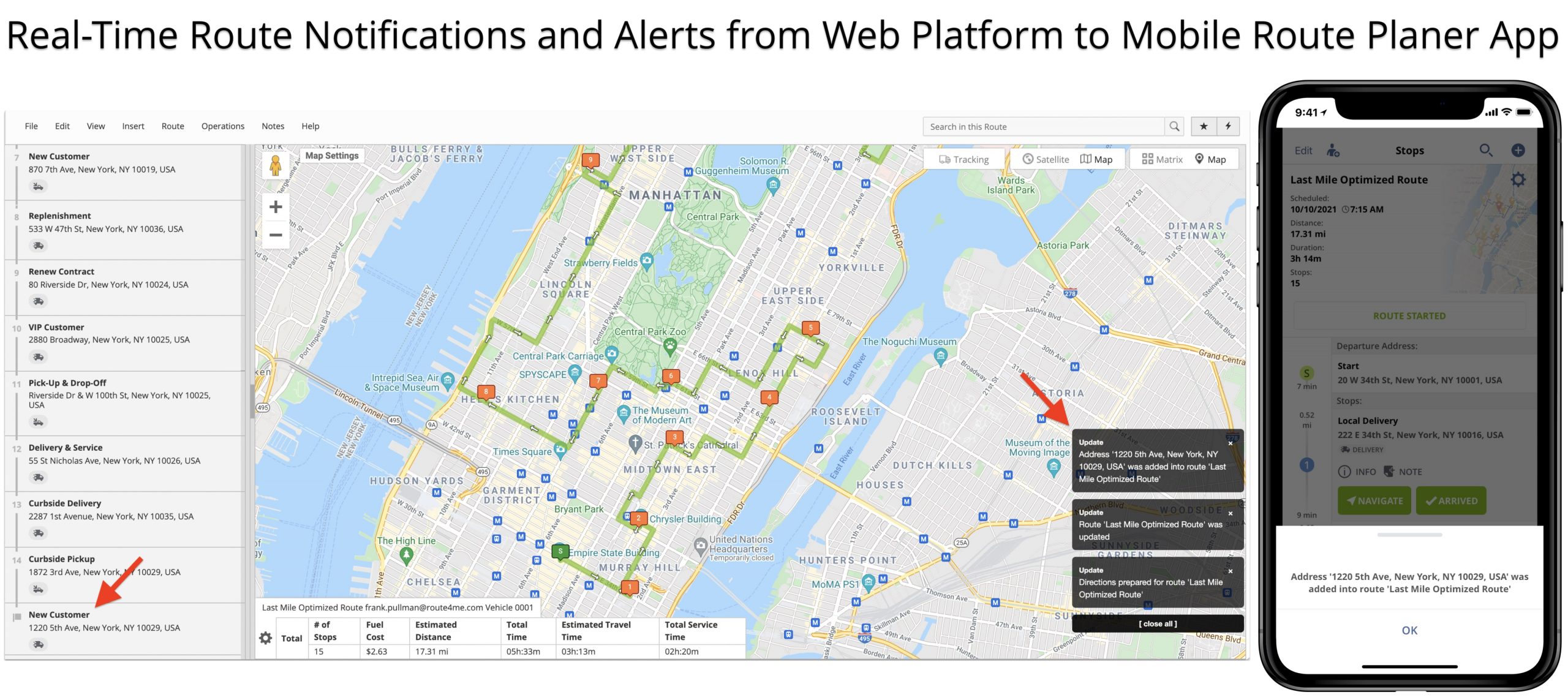 Real-time route updates notifications between Route4Me's Web Platform and Mobile Route Planner app.