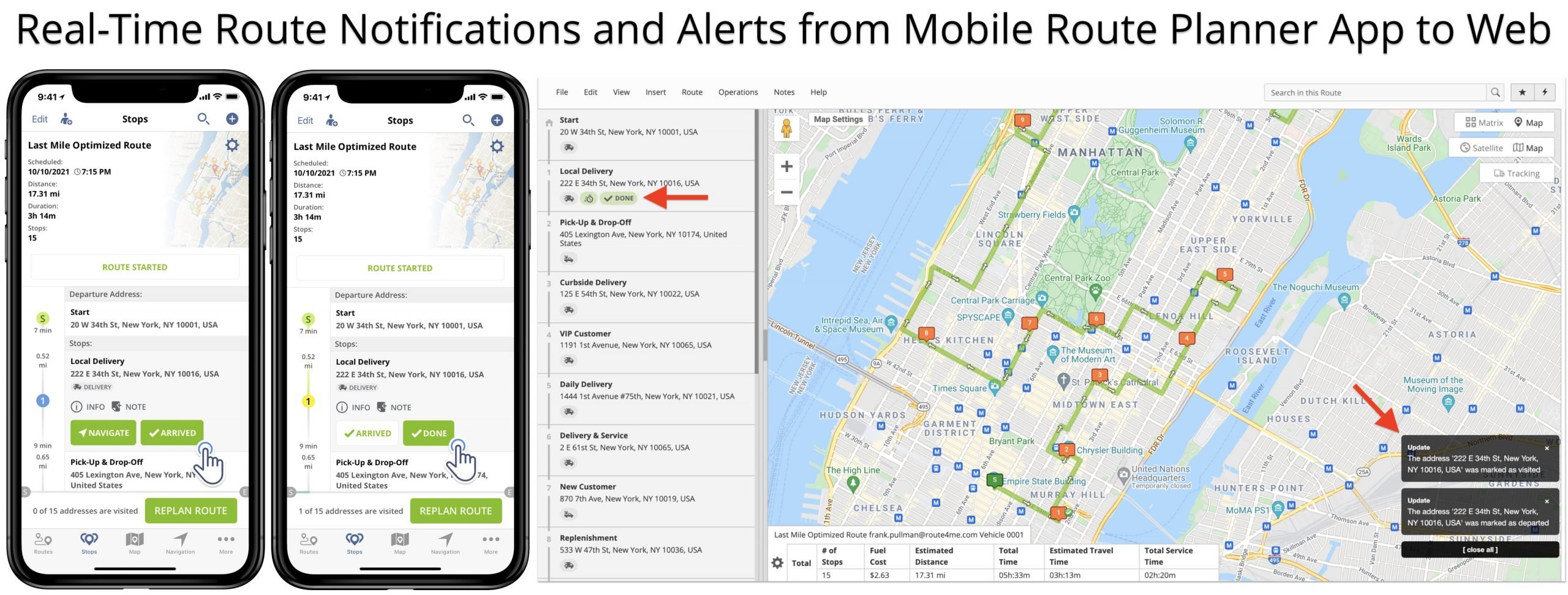 Real-time route updates notifications between Route4Me's iOS Route Planner app and Web Platform.