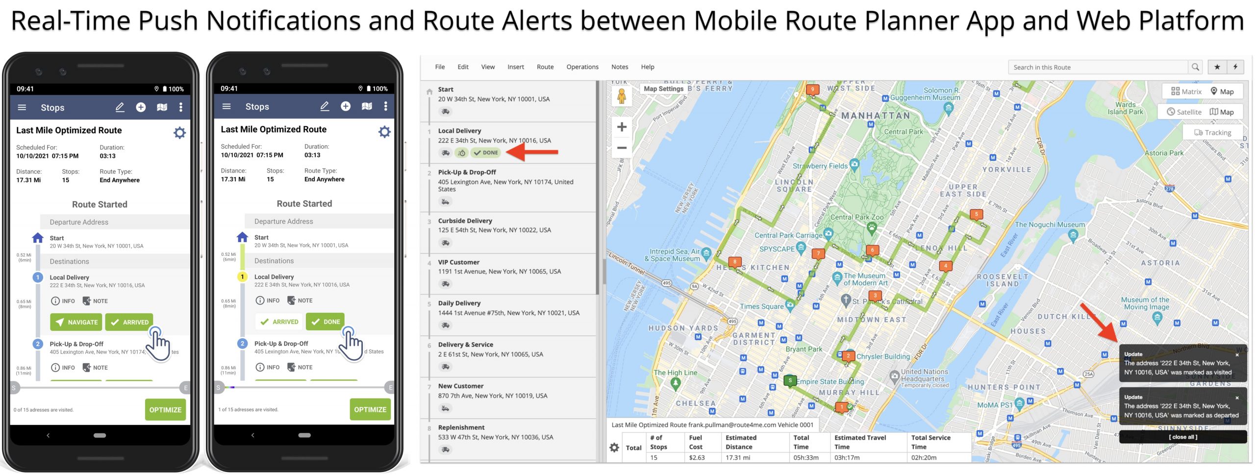 Real-time route change notifications and alerts between Mobile Route Planner App and Web Platform.
