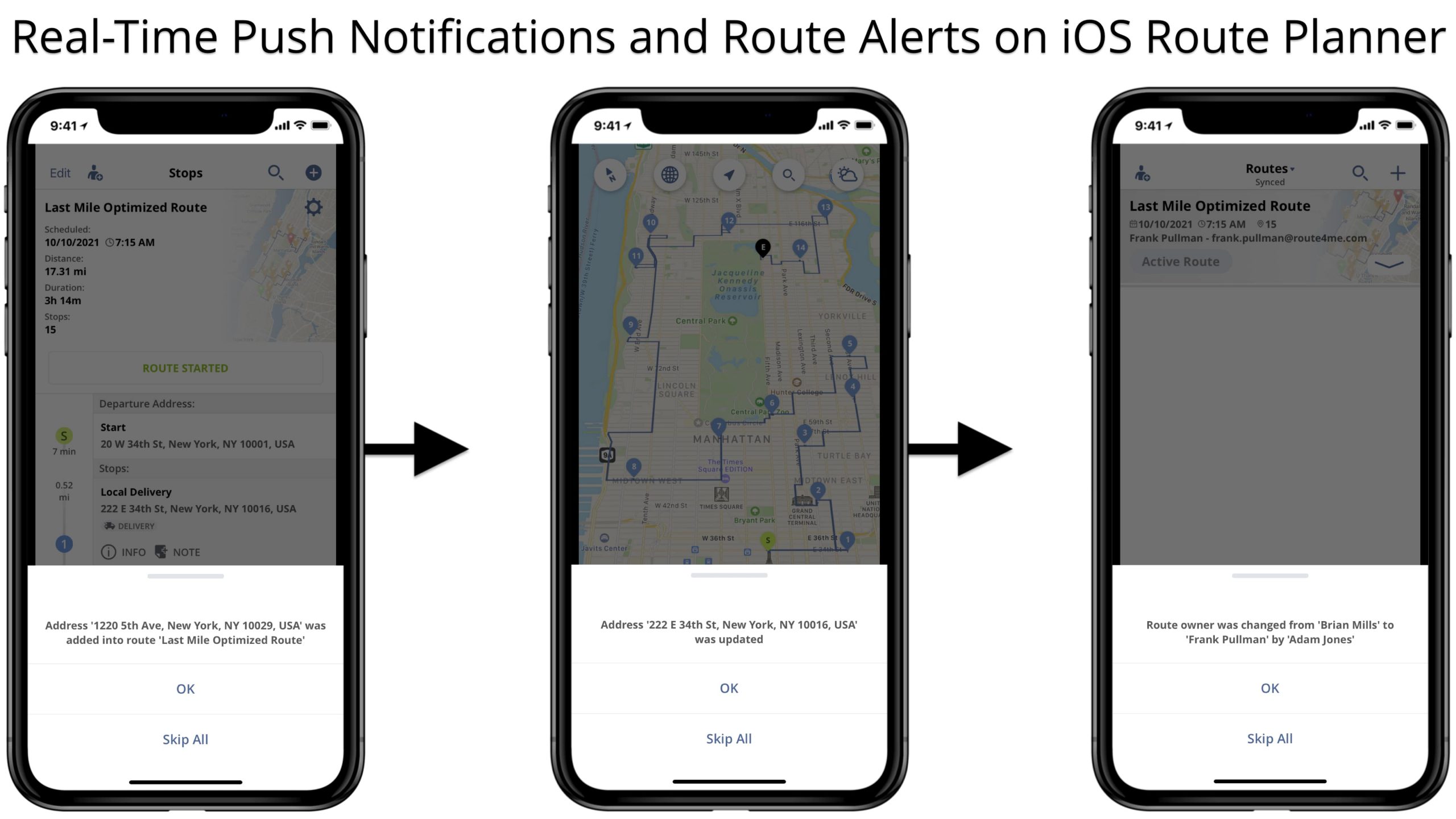 Real-time push notifications and route updates notifications on the iOS Route Planner app.