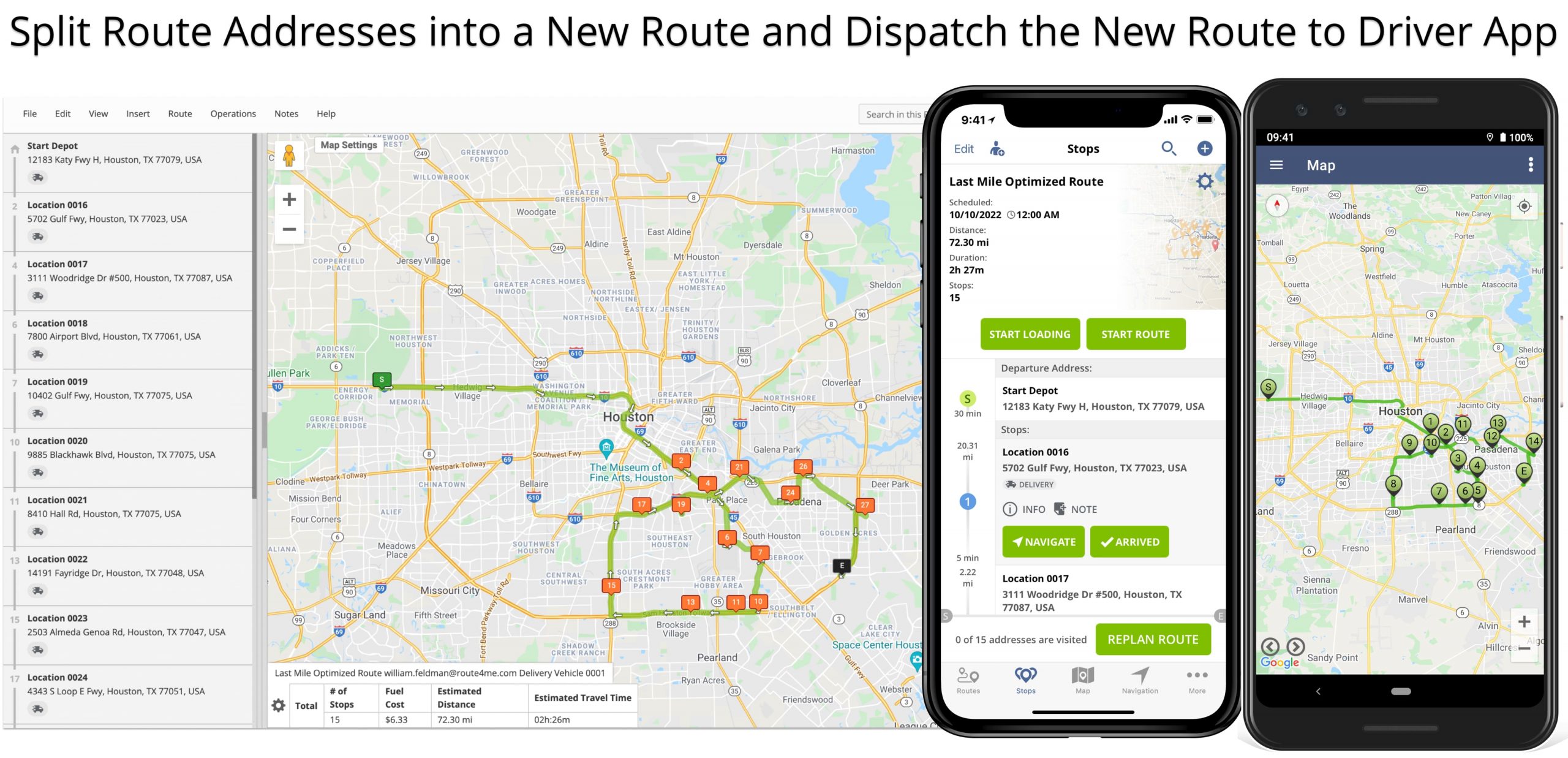 Dispatch split route to driver mobile app from the Web route planner. 