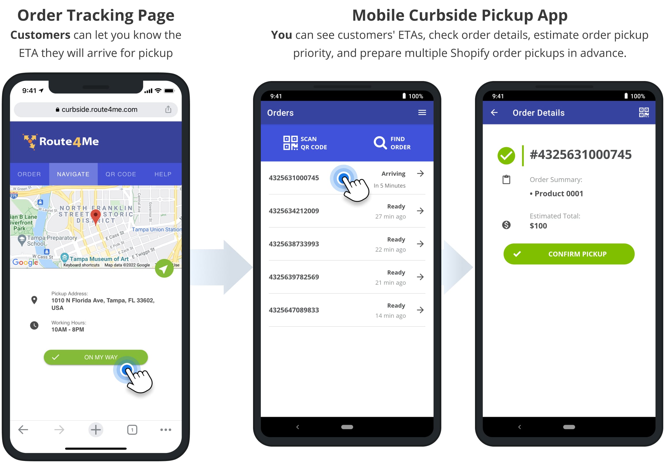 Customers add the ETA they will arrive for Shopify order pickup, and the arrival status is updated in the Mobile Curbside Pickup app.
