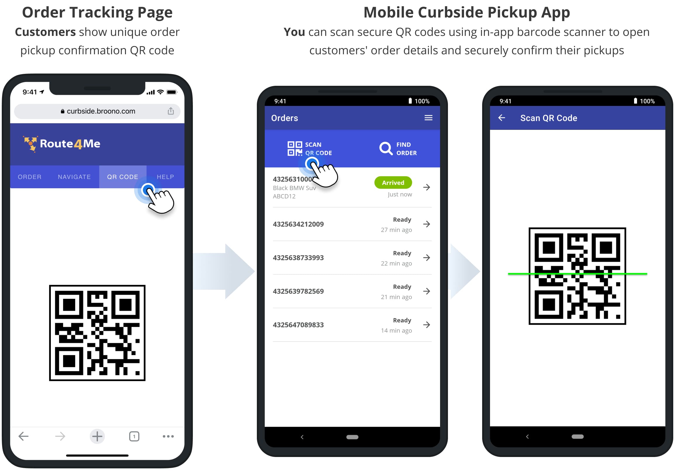Scan secure QR code for curbside pickup order confirmation using Route4Me's in-app barcode scanner.