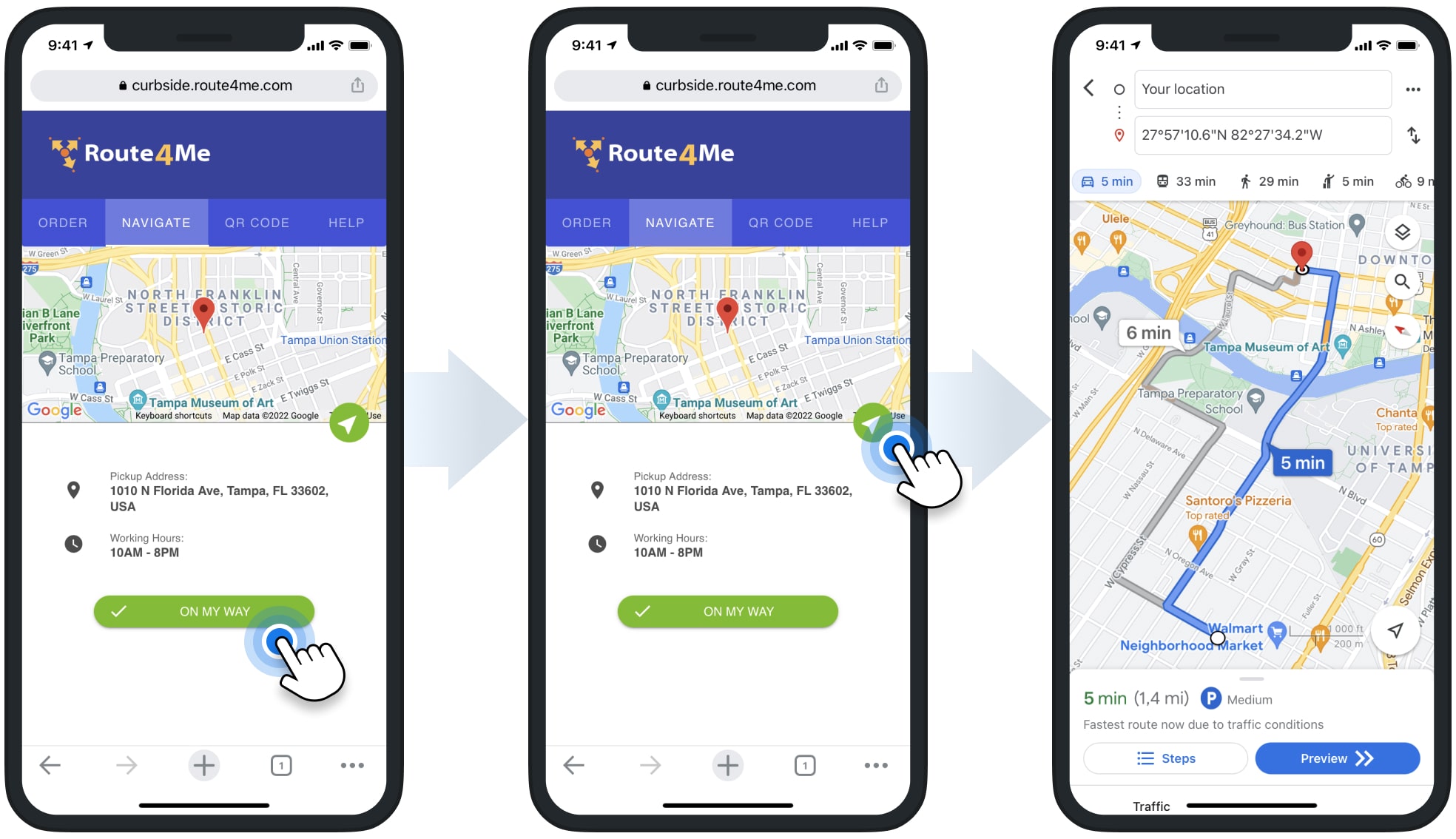 Add your ETA, check Shopify curbside pickup store location on the map, and navigate to the local pickup location using Google Maps.