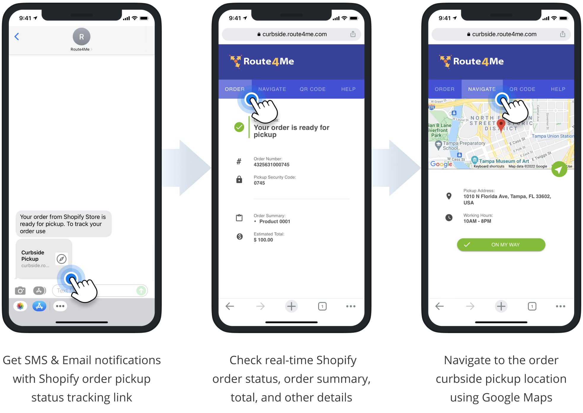 Route4Me's self-service Shopify Curbside Pickup Order Tracking page for customers.