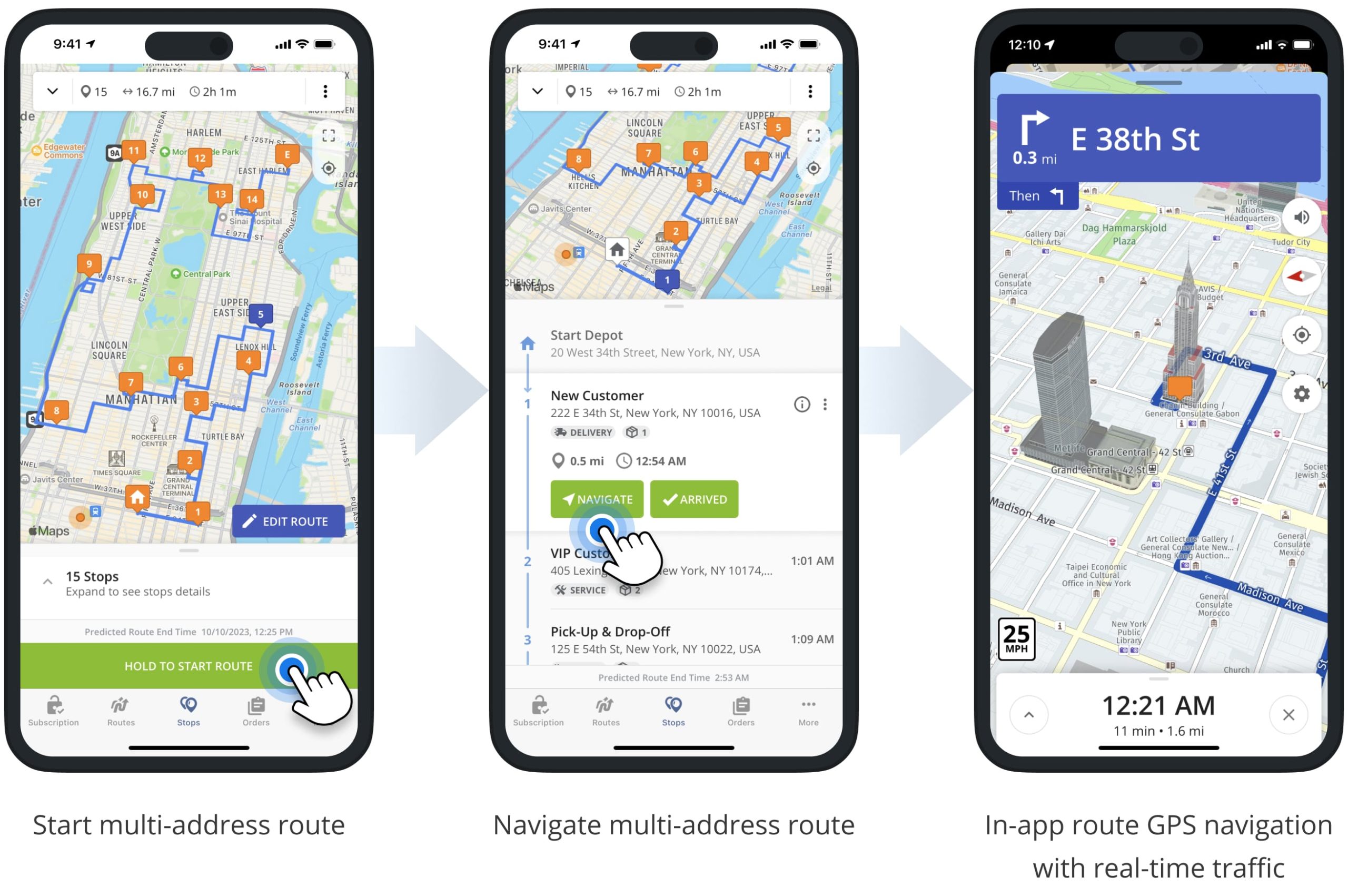 Start and navigate multi-stop routes on the iPhone route planner app.