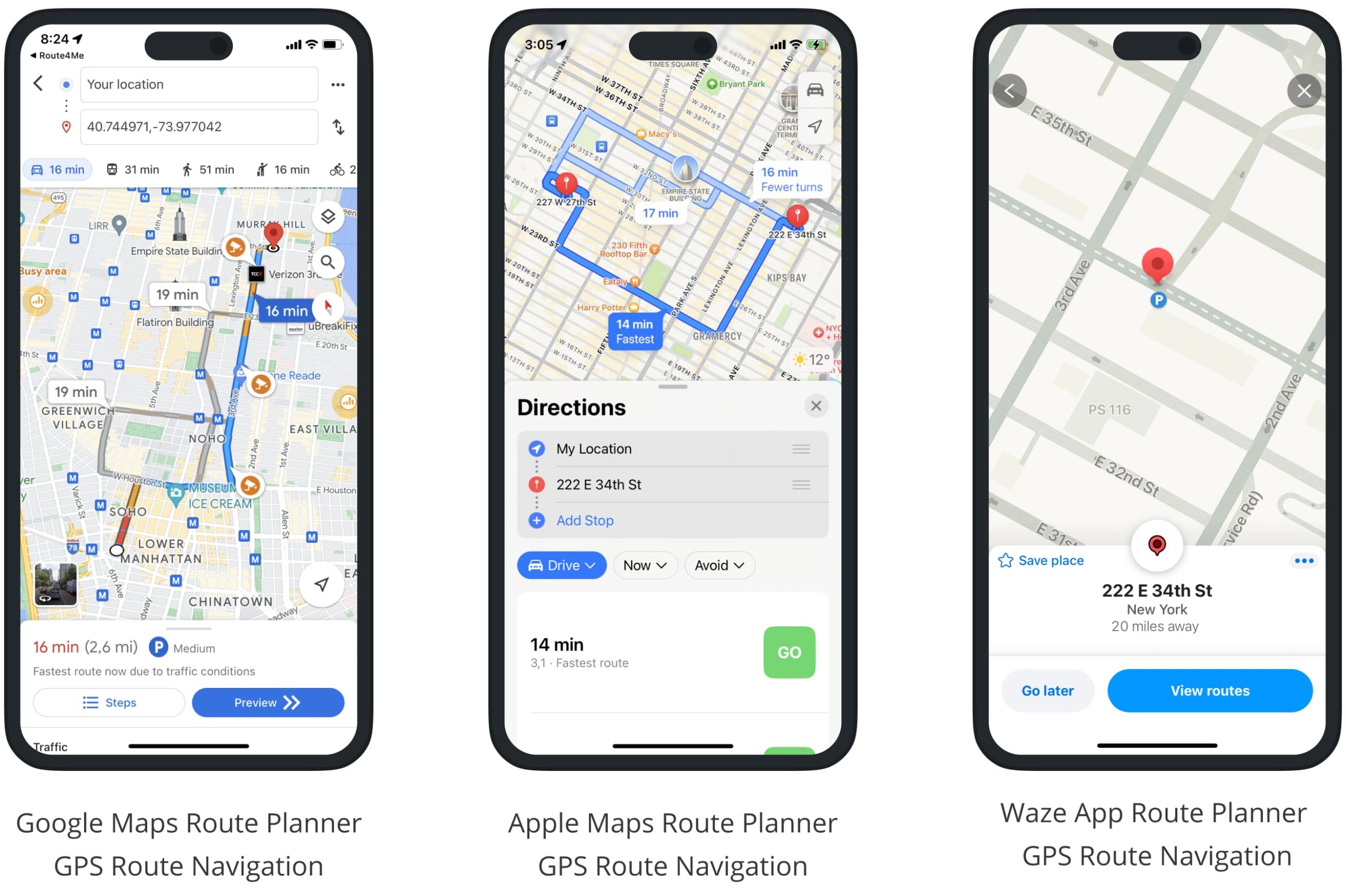 Google Maps route planner, Apple Maps, and Waze optimized and sequenced multi-address GPS route navigation with live traffic.