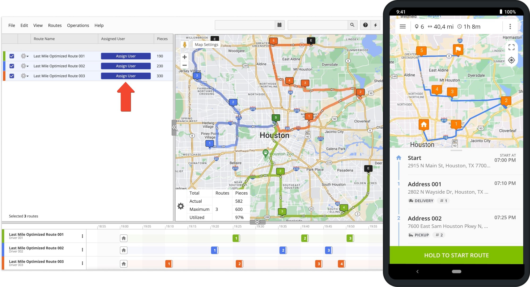 Route4Me enables you to dispatch routes to your drivers in real-time. Specifically, you can dispatch scheduled routes from the Web Platform to Route4Me's Android Route Planner and iOS Route Planner mobile apps.