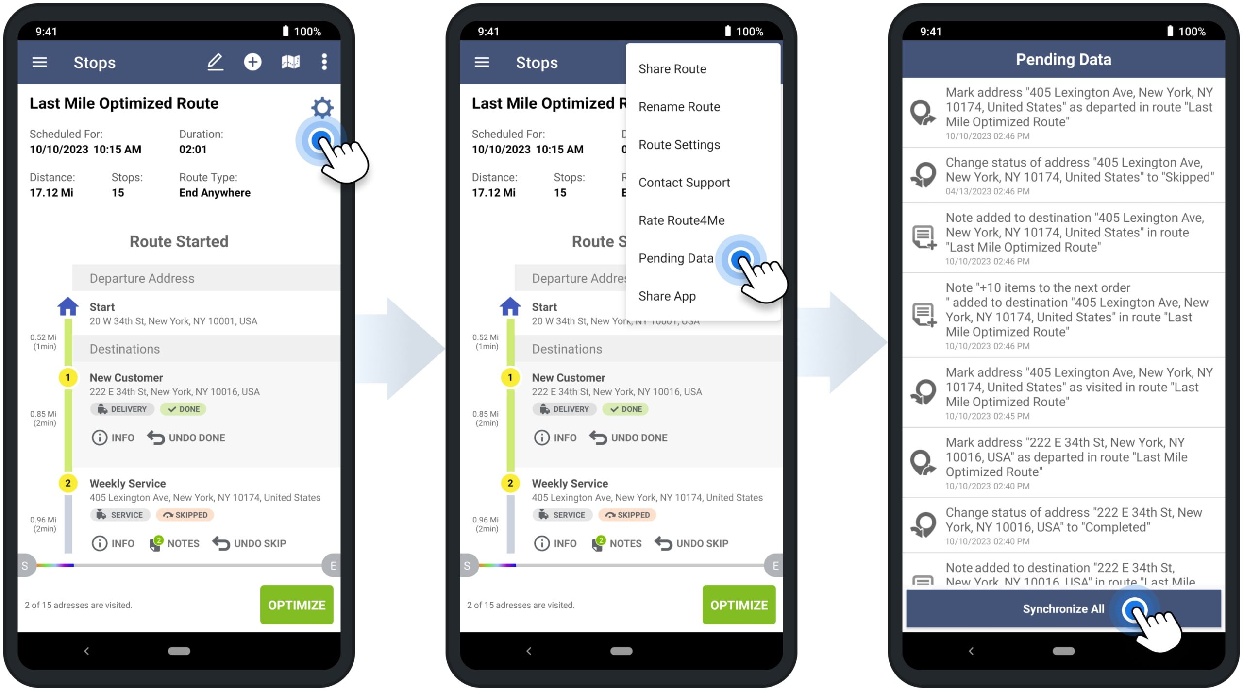 Manually synchronize pending data that includes route planner app activities executed offline with no internet connection.