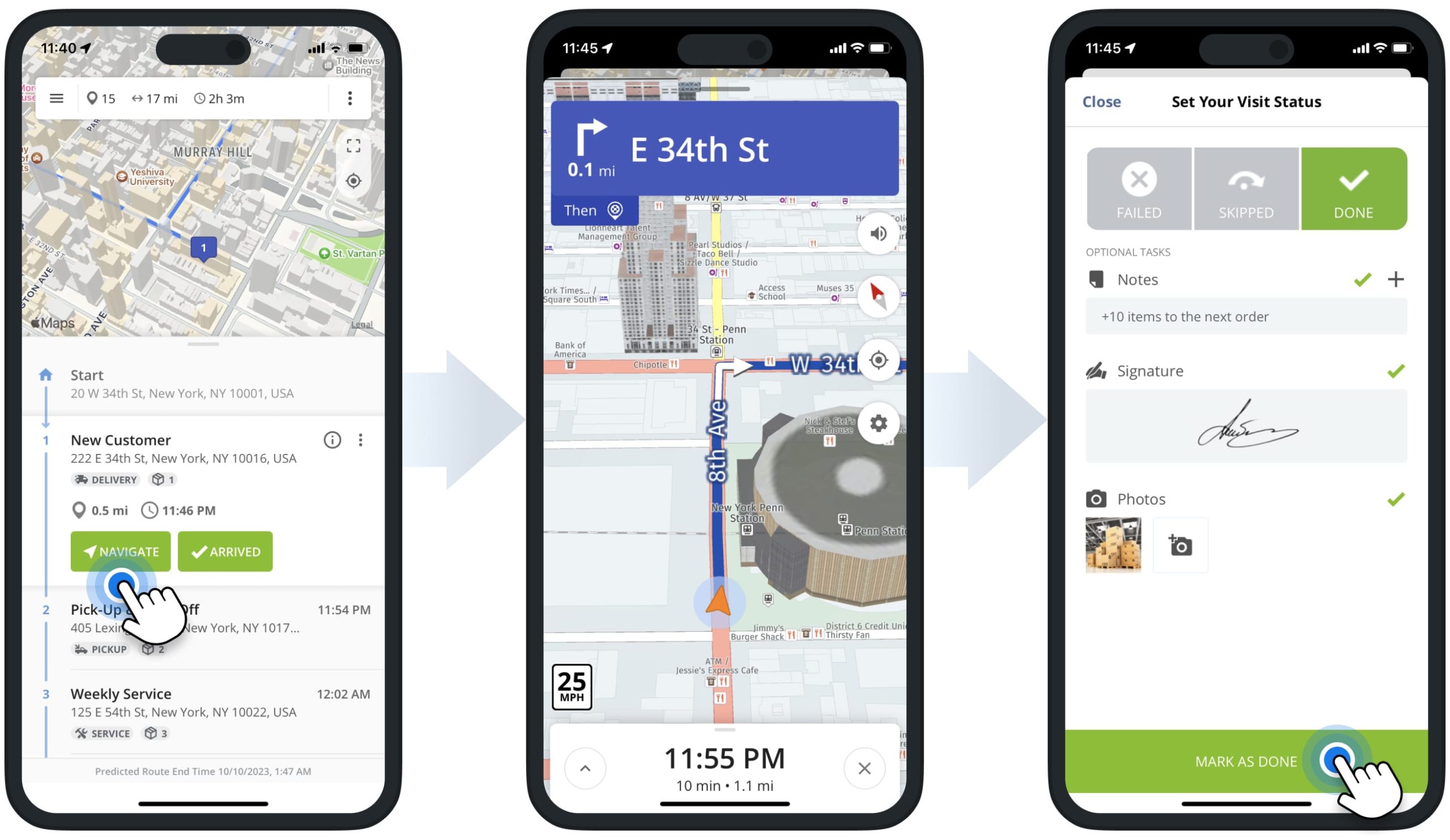 Start scheduled routes, navigate delivery, pickup, or service routes, and complete last-mile routes using Route4Me's iOS iPhone Route Planning app for drivers.