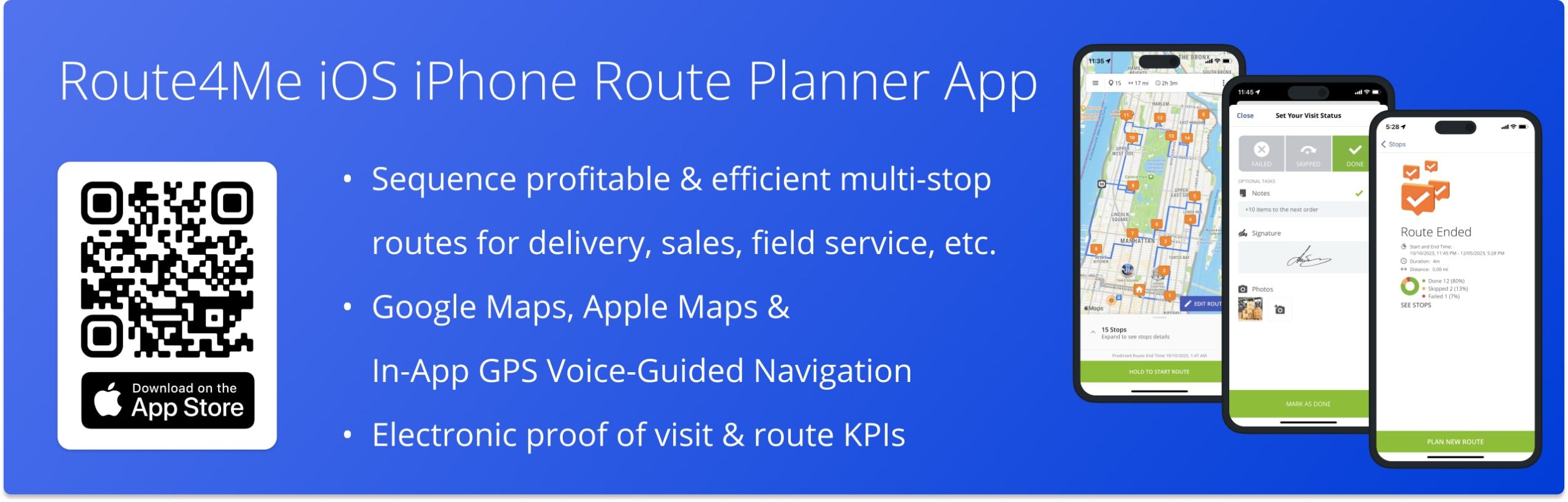 Download and use Route4Me's iOS iPhone Route Planner app for last-mile drivers to sequence multi-stop routes, navigate and complete routes, collect proof of delivery, and more.