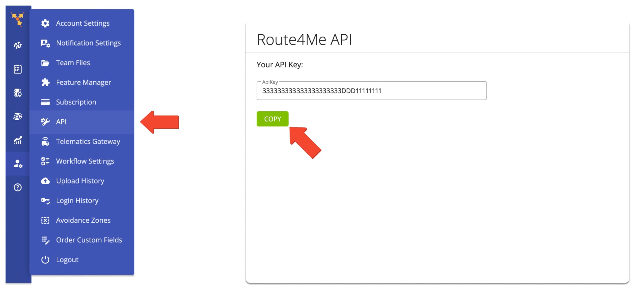 Access and copy Route4Me Account API Key.