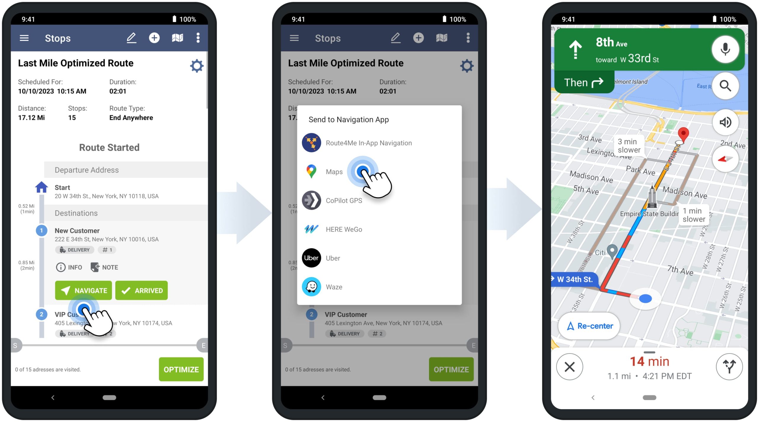 Route4Me's In-App Voice-Guided Navigation, Google Maps route planner, HERE WeGo, Waze, CoPilot, Uber, and other GPS navigation apps.