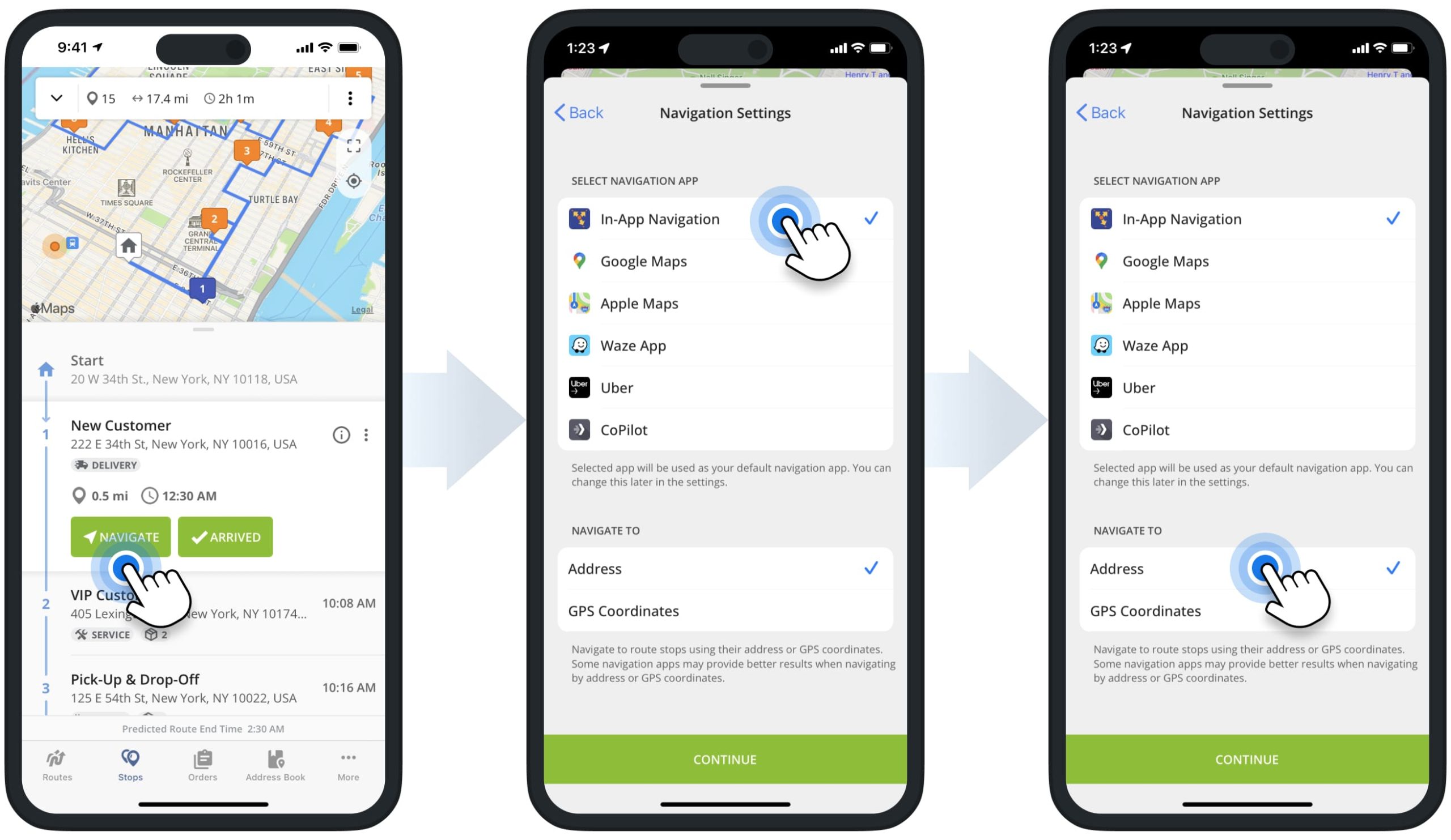 Navigate last-mile routes using Google Maps, Apple Maps, Waze, or Route4Me's In-App Voice-Guided Route Planner Navigation.
